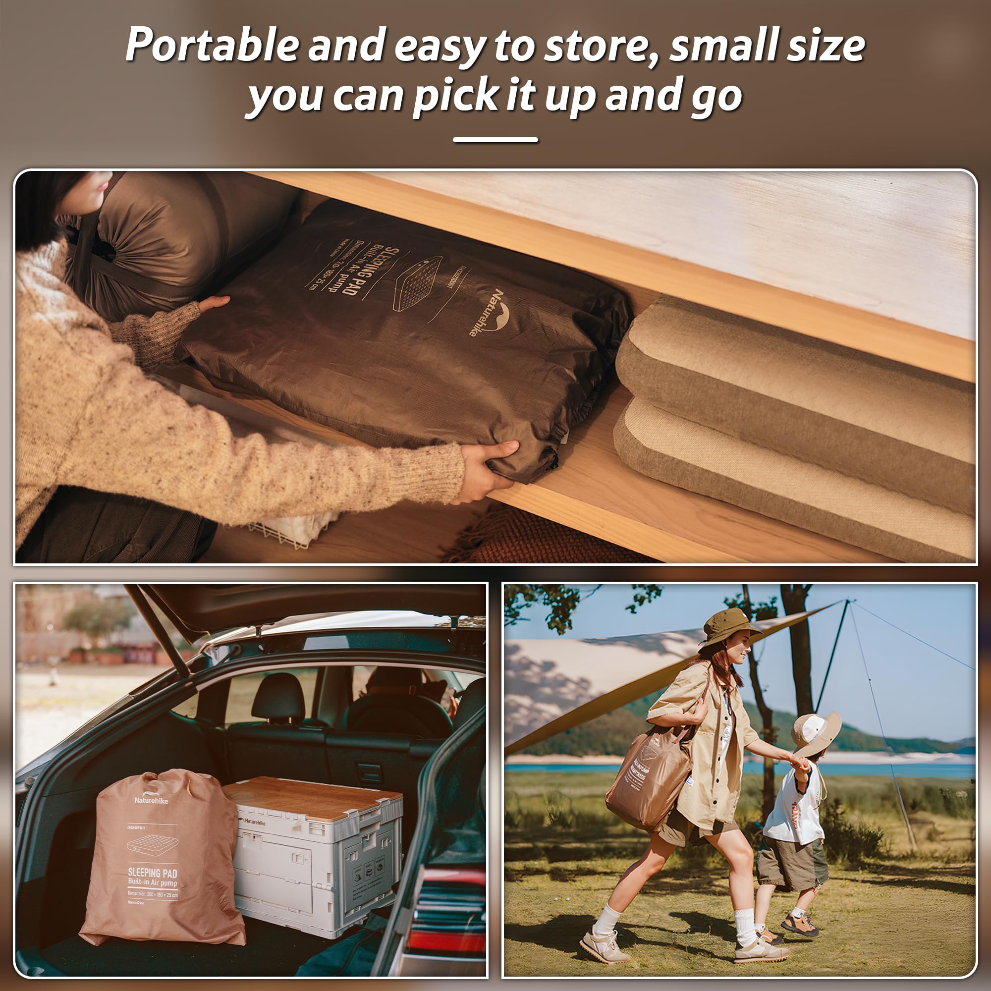 Naturehike Matelas Gonflable 3 Personnes avec Pompe Intégrée Rechargeable - 200x180x38 cm Lit Gonflable Autogonflant pour Camping et Maison - Matelas Camping Portable