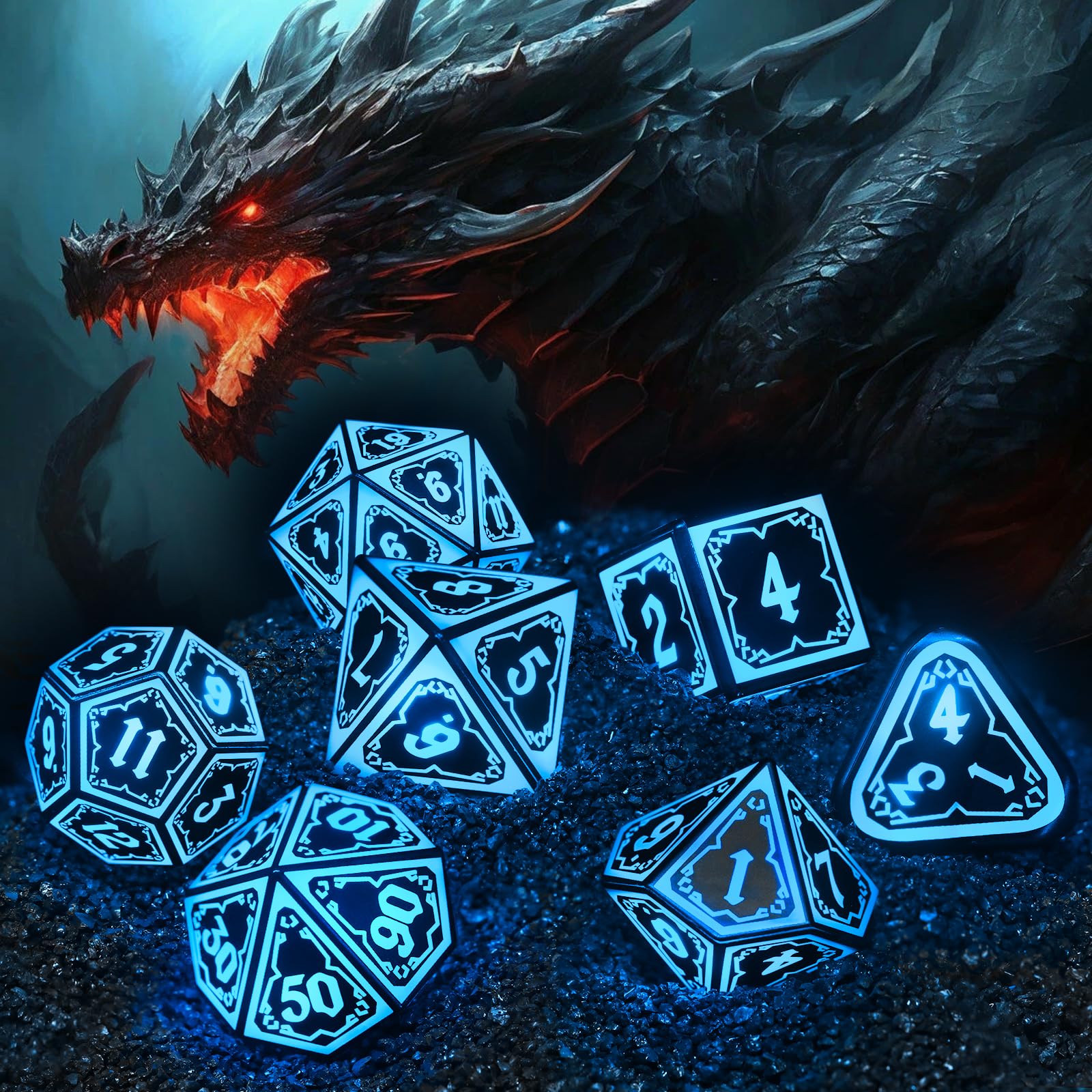 FONVGOGO Set Dadi D&D per Dungeons and Dragons Set Dadi DND Luminosi Wireless Ricaricabili con Scatola di Ricarica Dadi Poliedrici RGB LED 7 Pezzi DND Dice Set (Blu)