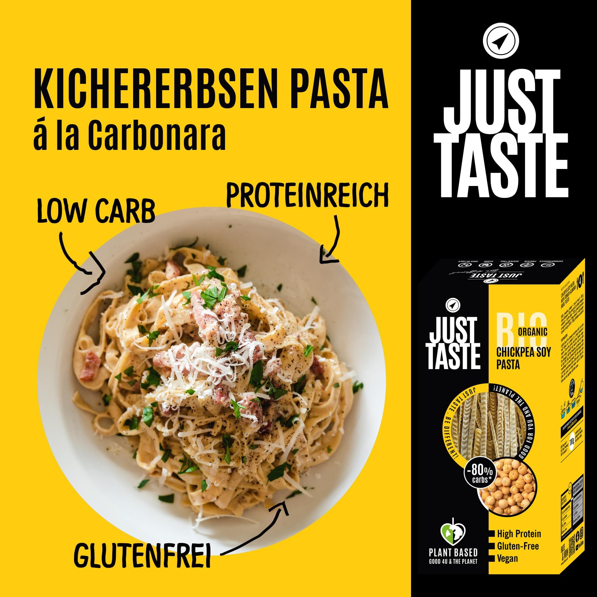 JUST TASTE - Bio Kichererbsen-Soja Fettuccine/Linguine - 43g Protein - Kichererbsen Nudeln Ideal für Sportler - Low Carb - High Protein, 250g (6er Pack)