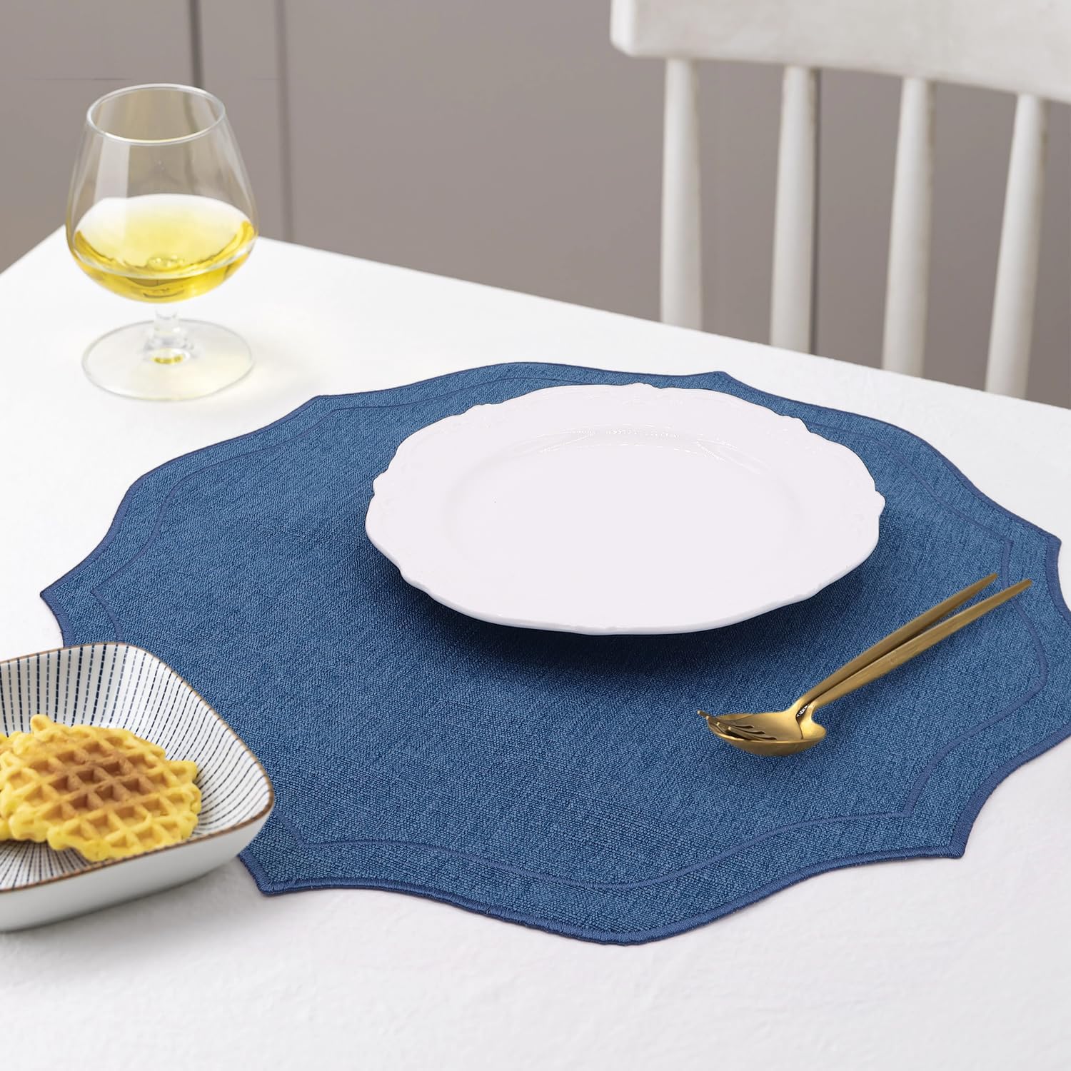 Cotton Linen Round Placemats Set of 8, HADEEONG Table Mats Cloth Placemats, Washable Wrinkle Resistance, Scalloped & Embroidered Fabric Placemats, 15.5 inch (Navy Blue, 8)