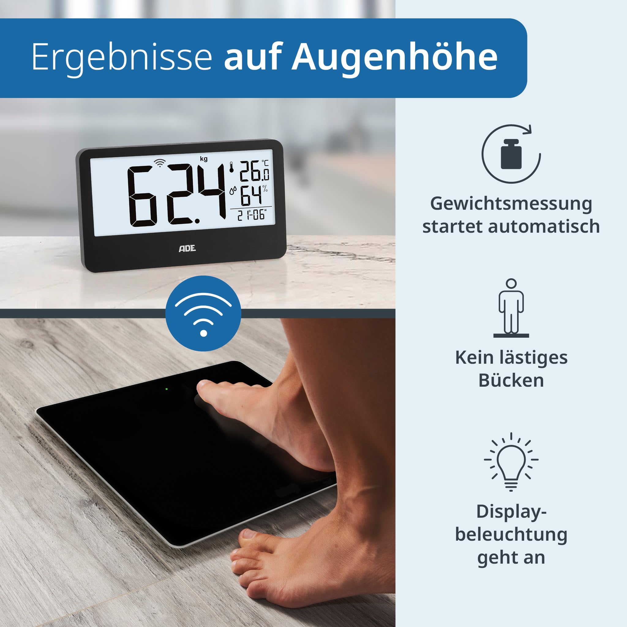 ADE Digitale Personenwaage Ronja mit Funk-Display bis 180 kg | ohne Bücken auf Augenhöhe ablesen | ideale Körperwaage für Senioren | mit Baduhr, Hygrometer, Innenthermometer | schwarz
