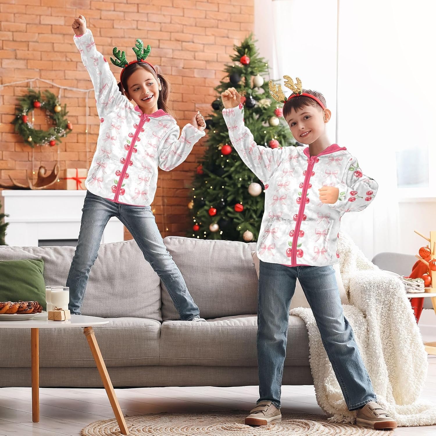 Girls Hoodie Outfit Watercolor Cherry Pink Bow Pattern Zipper Sweatshirt Coat Fleece Jacket for Kids 3-10T