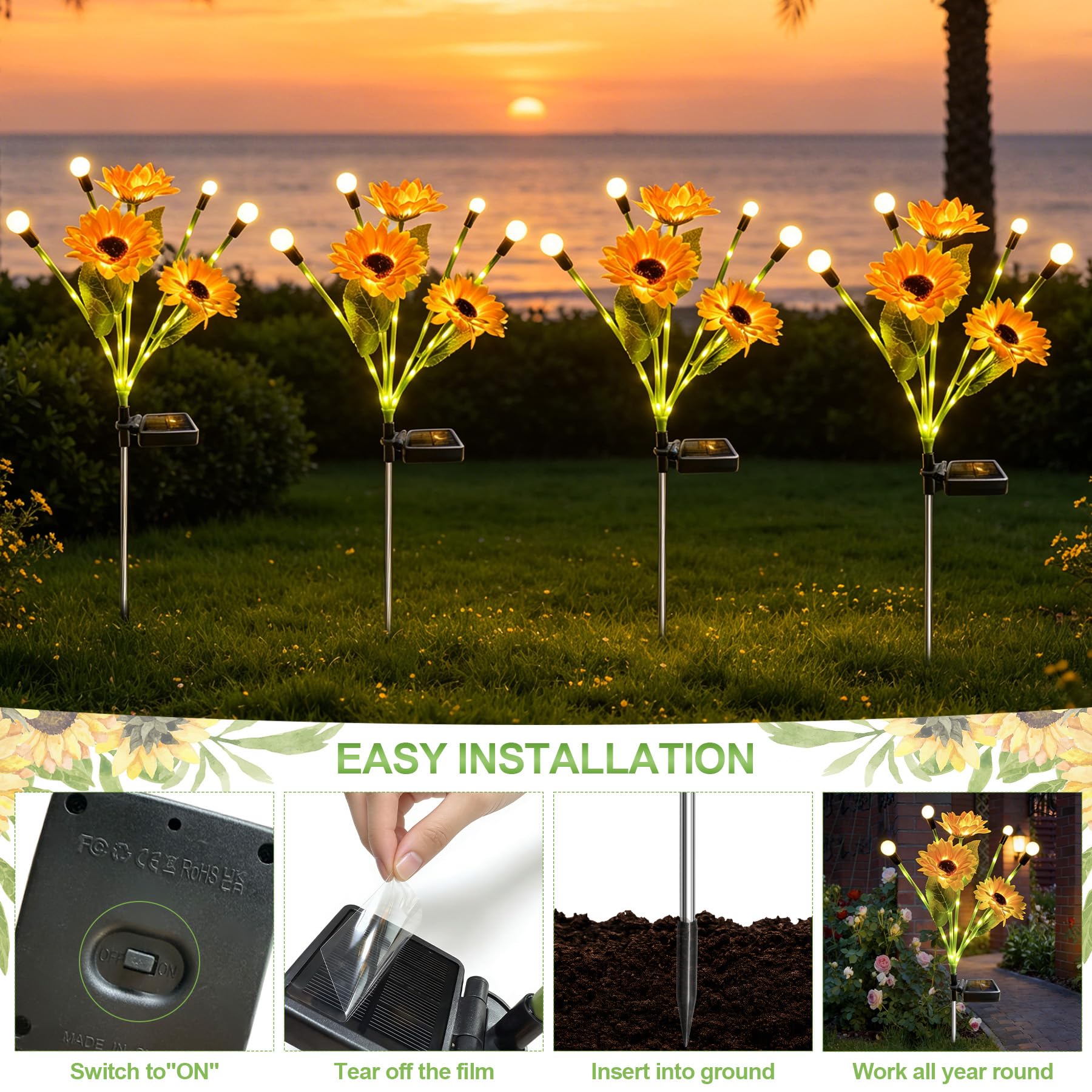 VEEKAY Luci Solari da Giardino,4 Pezzi Girasole Luce Solare Esterno, Luce Solare LED Esterno,IP65 Impermeabile Lampade Solari da Giardino,per Patio,Prato