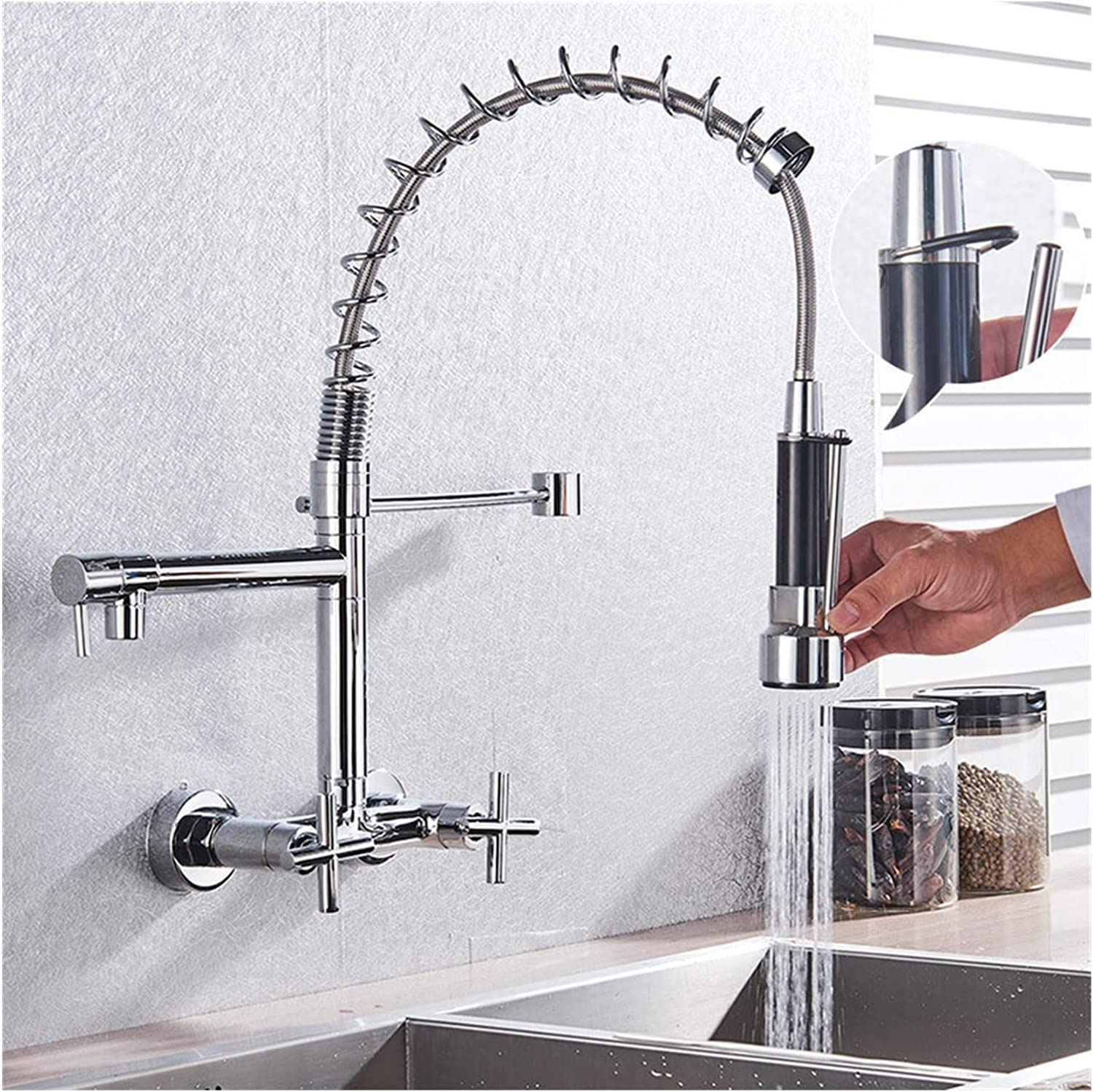 FCXWEVR Chrome Kitchen Faucet Brass Mixer Tap with Pull-Down Sprayer Dual Rotating Spout Cold & Hot Water Mixer Sink Faucet for Kitchenand Stylish Design