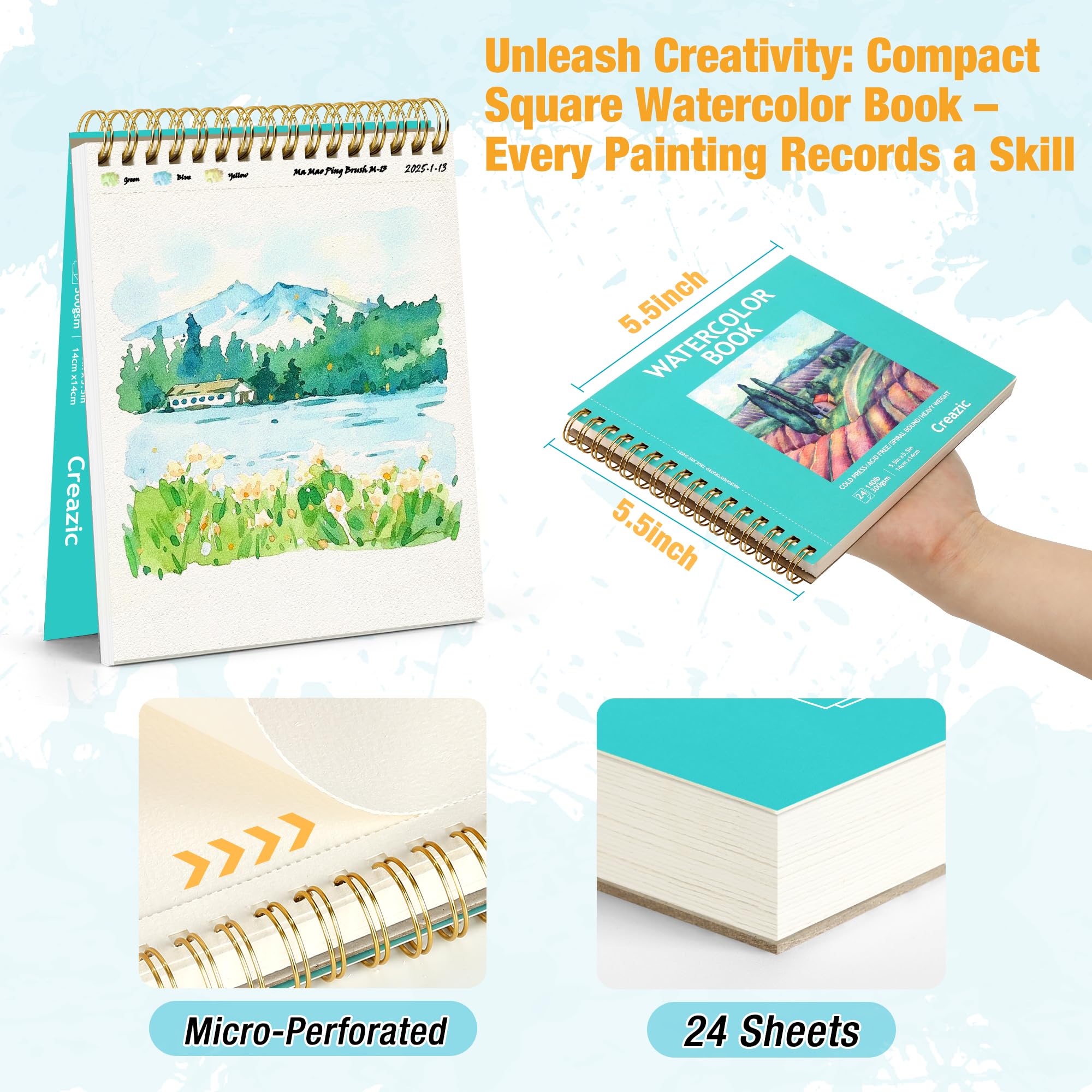 Creazic Paquete de 2 cuadernos de bocetos cuadrados de acuarela de 5.5 x 5.5 pulgadas (140 libras/300 g) | Papel de artista premium, encuadernado en espiral y microperforado, bloc de viaje portátil