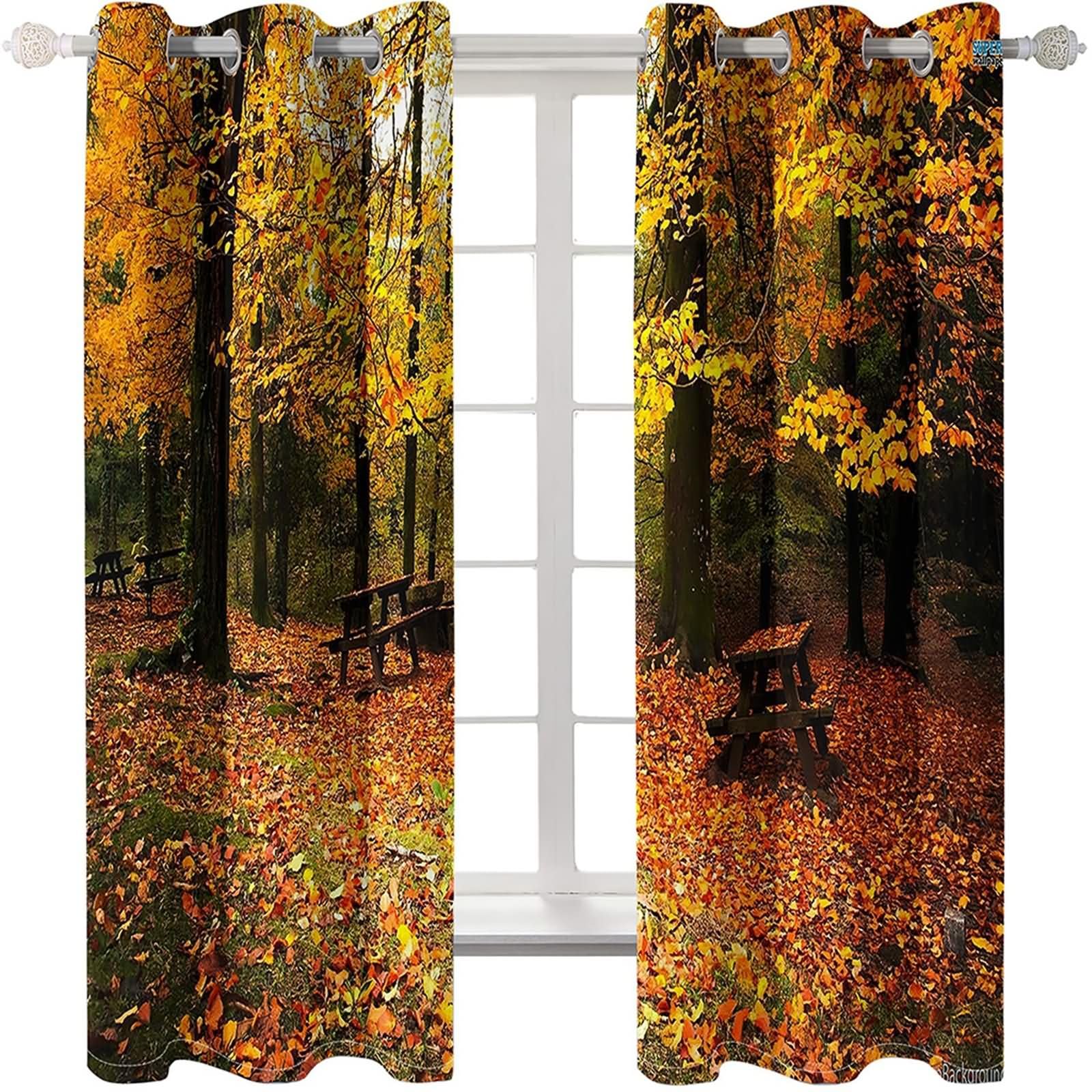 Zasłony zaciemniające okno 2 panele, 2 x 107 W x 229H cm, zasłony okienne przelotki jesienny leśny krajobraz zasłony okienne sypialnia pomarańczowy