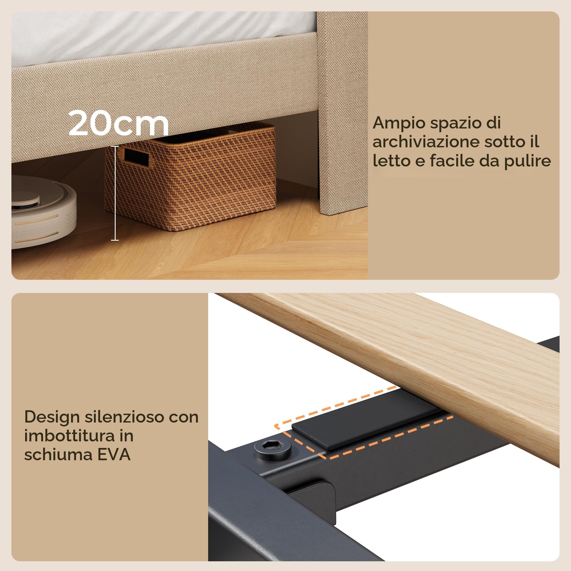 Letto imbottito 120 x 200 cm, con testiera e rete a doghe, robusto letto in tessuto per ragazzi e camere degli ospiti, struttura imbottita,Beige