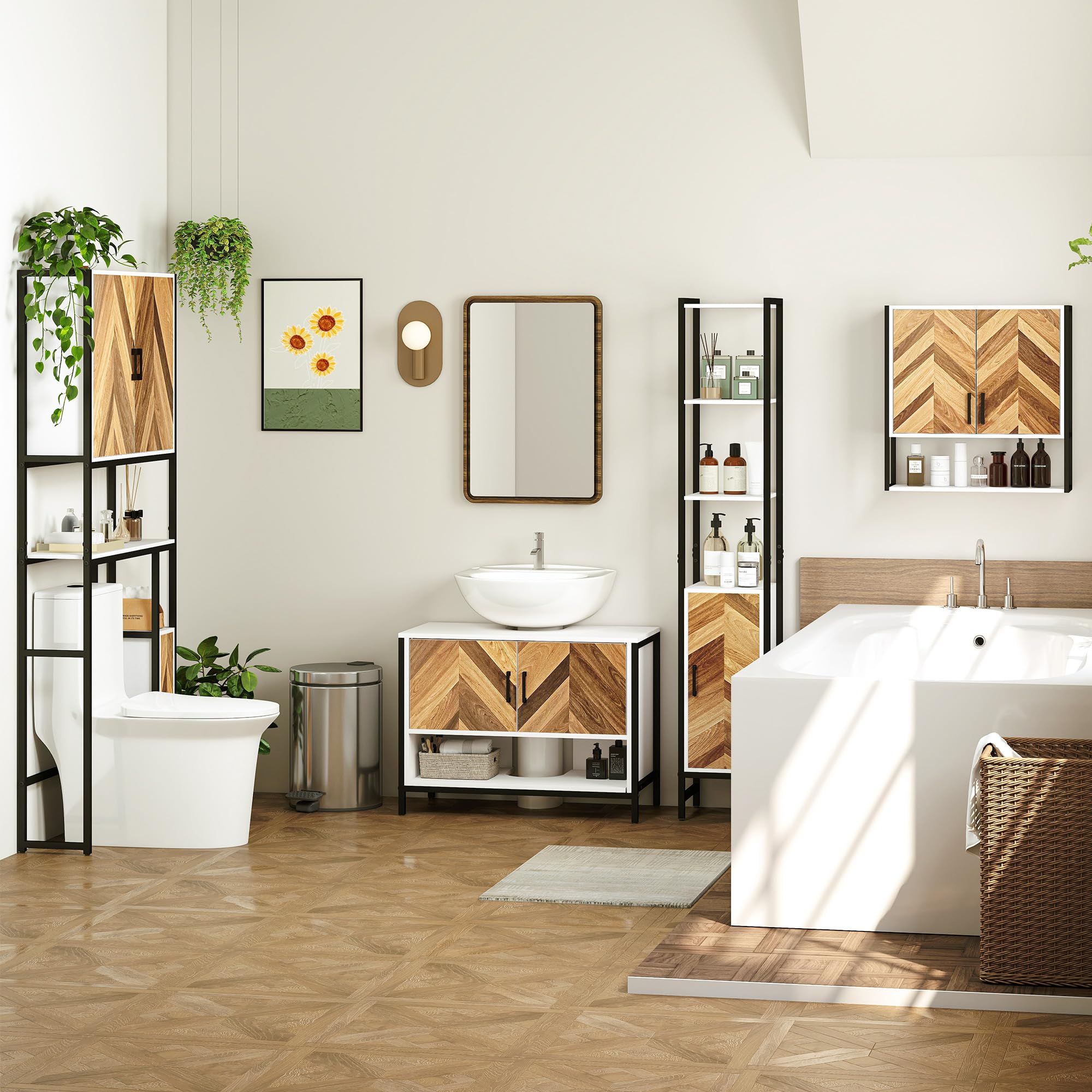 HOMCOM Mueble Bajo Lavabo de Baño con 2 Puertas 80x40x60 cm Crema y Nogal | Mueble de Baño, Patrón en Espiga, Compartimento Abierto, para Lavabo con Pedestal o con Pie