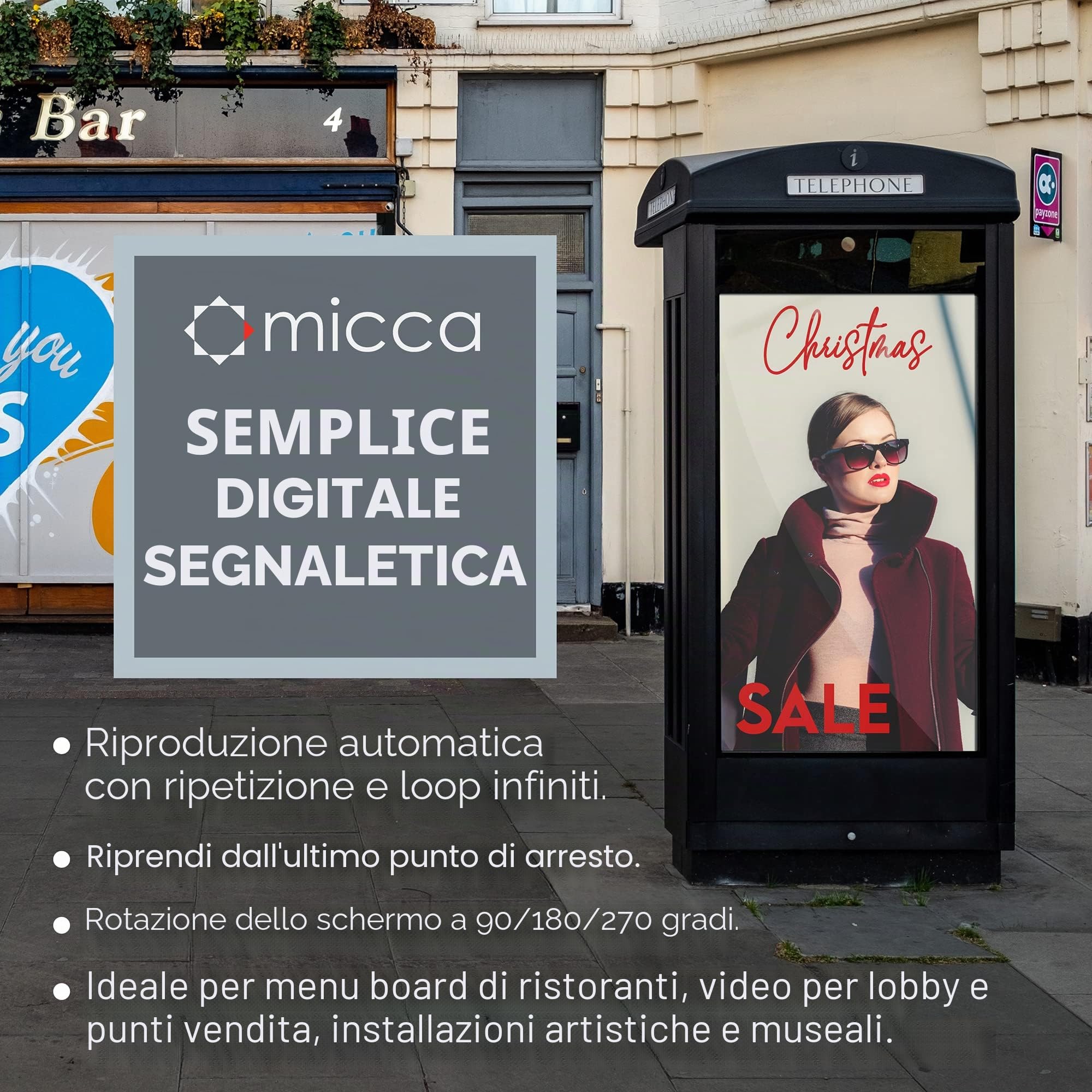 Micca G3 2K Quad-HD Digital Media Player per unità USB e schede MicroSD, Digital Signage, H.265/HEVC H.264/AVC MP4 MKV Videos MP3 Music JPG Photos,