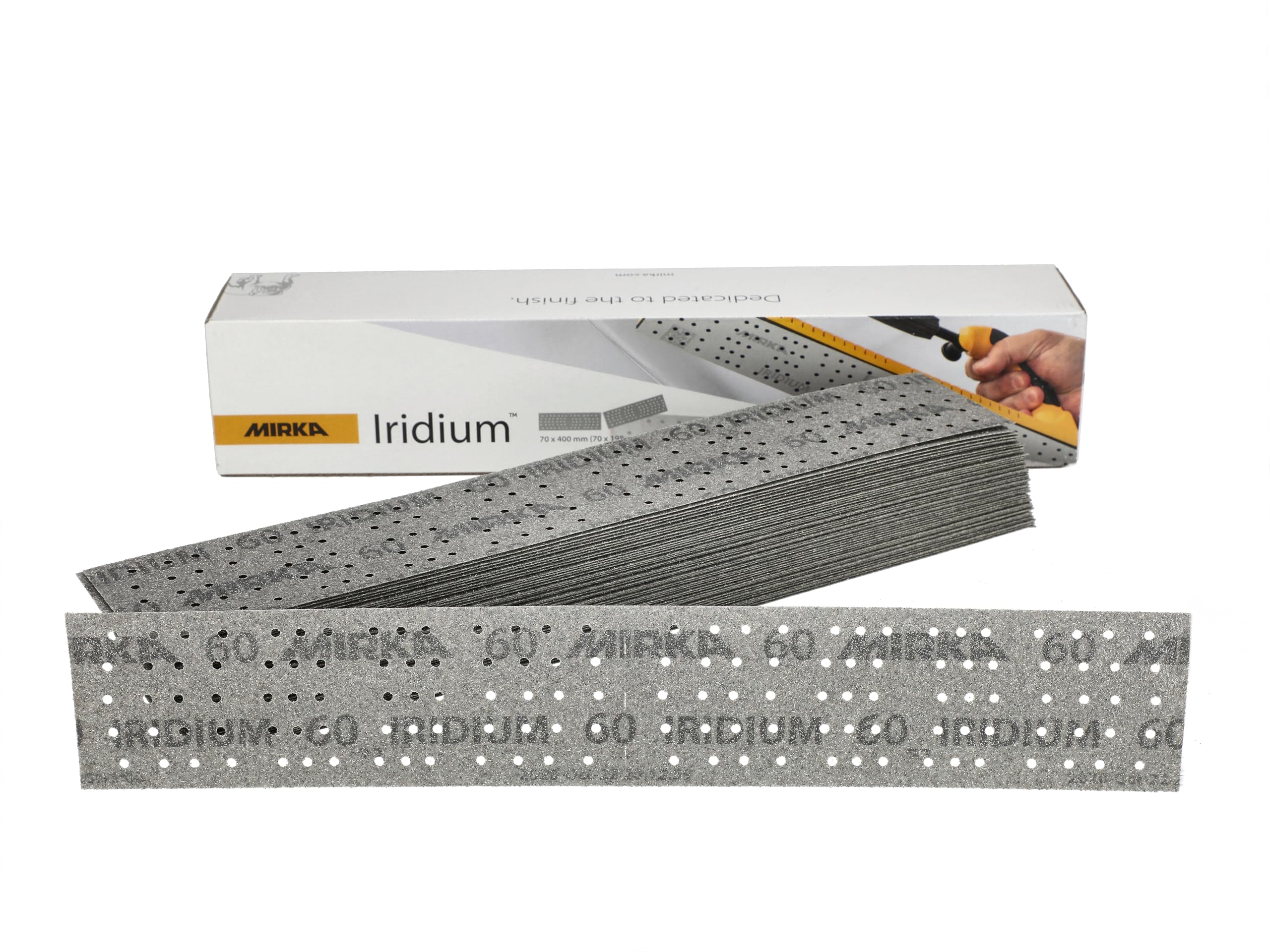 Mirka Iridium Premium Sandpaper 70x400mm and 70x198mm / Center perforated/Hook & loop/Grit 60, 50 pcs/For sanding paint, putty, primer, wood, steel, mineral materials, plastic.