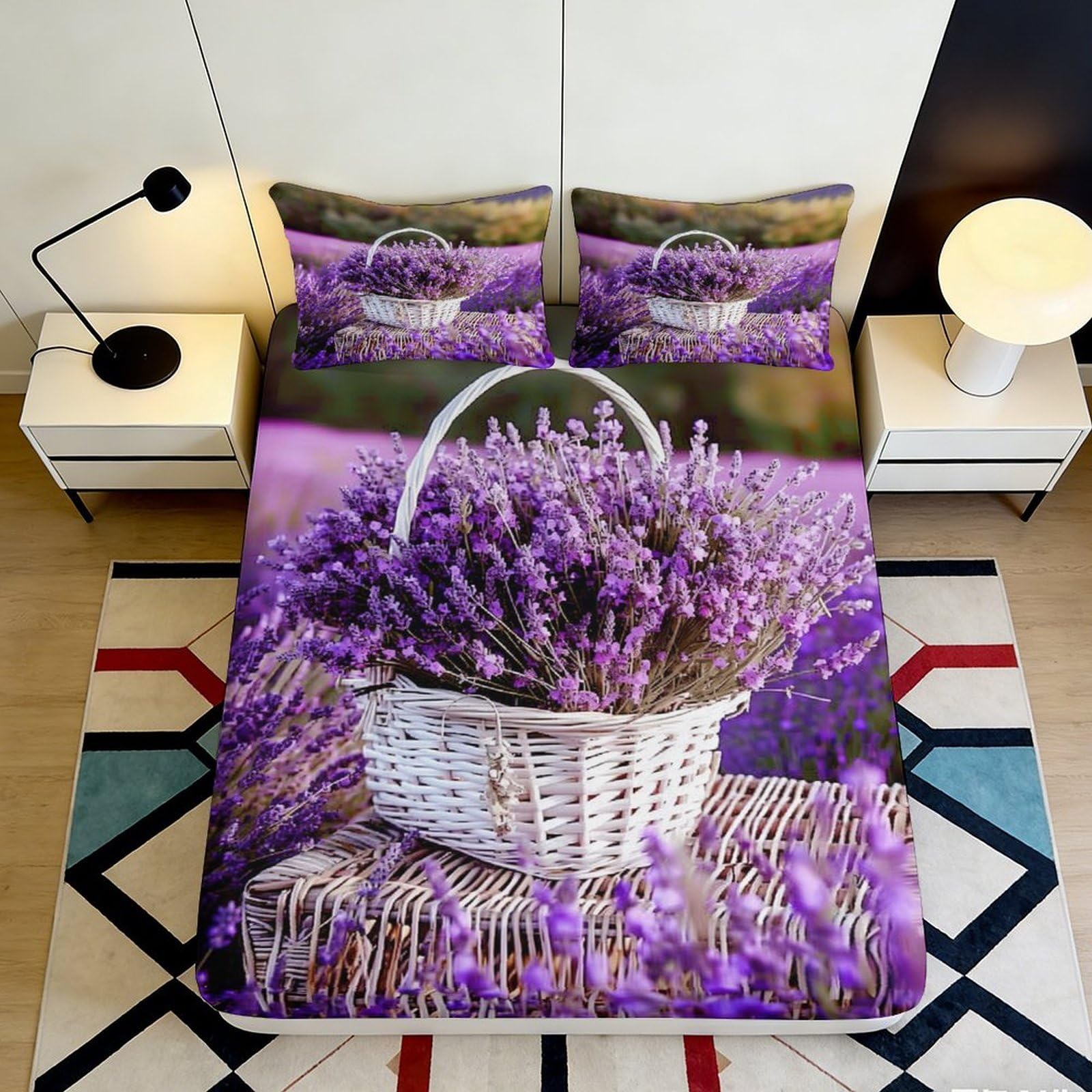 3D Printed Lavender Basket Fitted Sheet Microfiber Soft Breathable Purple Flower Bed Cover for Bedroom Dormitory Guest Room Mattress Protection 180x200x25cm