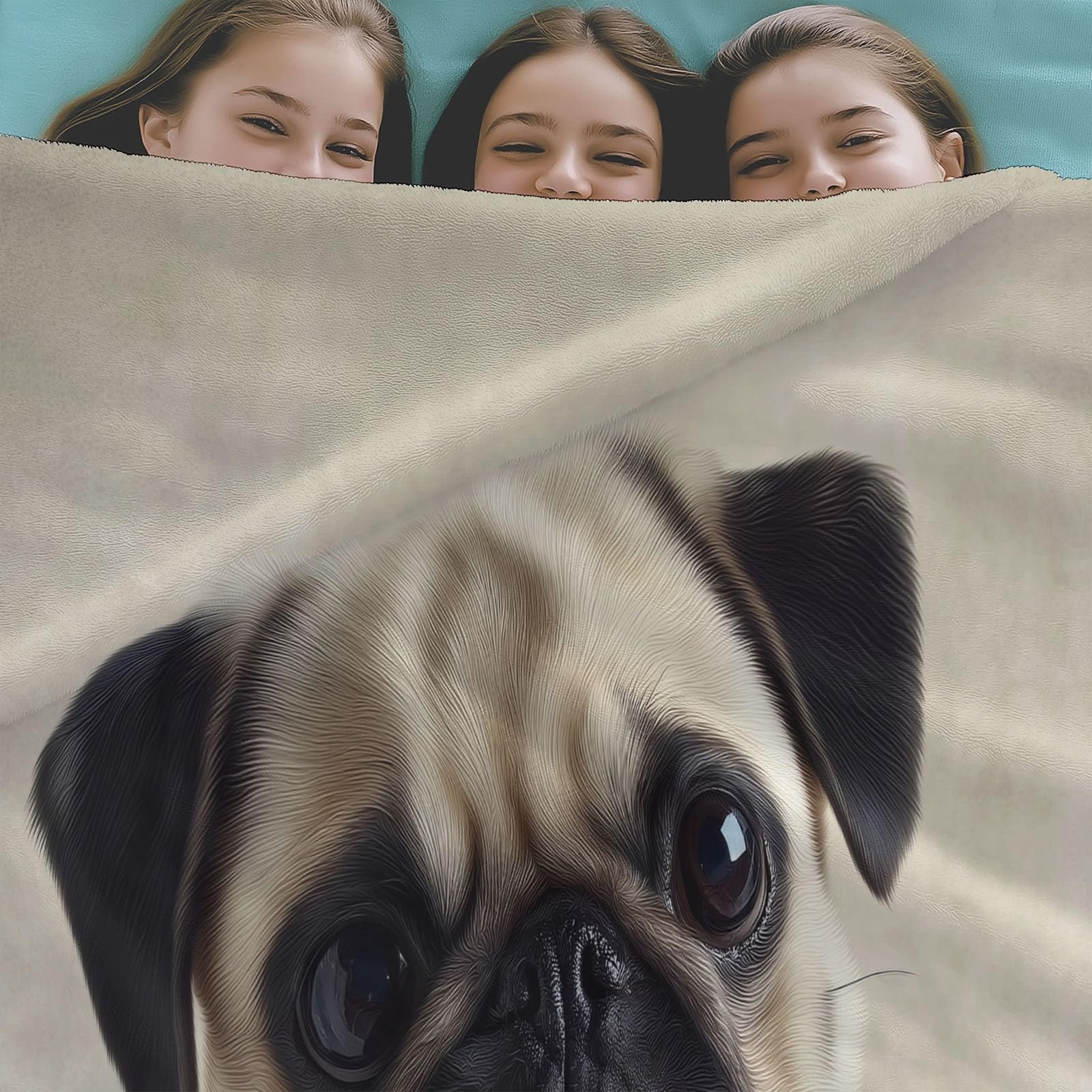 Koc polarowy flanelowy mops ze zwierzęciem, narzuta na sofę, wygodna narzuta na łóżko 2-osobowe w kratę zimowy, 220 x 240 cm khaki