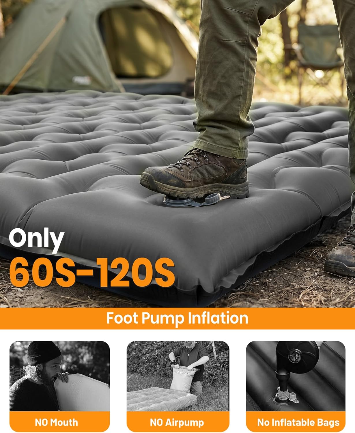 Double Sleeping Pad for Camping, 5.9 Inch Thick Self Inflating Sleeping Mat for Camping with Built in Pillow and Foot Pump, 2 Person Camping Mattress for Backpacking Hiking