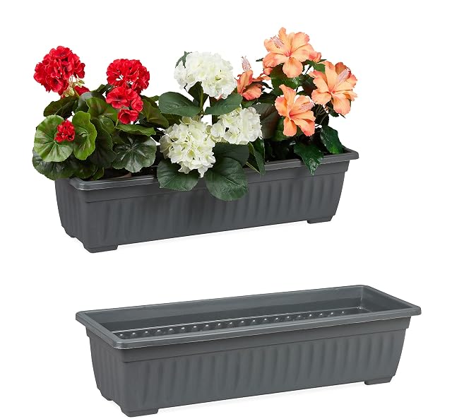 Relaxdays Set of 2 Plastic Flower Trough H x D 14 x 59 x 21 cm Indoor and Outdoor Plant Box Anthracite, Charcoal, 2-Set