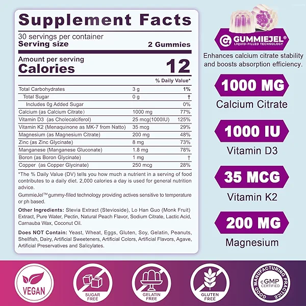 Sugar Free Calcium Citrate Gummies for Women & Men 1000mg, Vitamin D3 K2, Magnesium, Zinc, Boron, Manganese, Copper, Ultimate Absorption Calcium Supplements for Bone, Muscle & Immune - Vegan, 60 Count