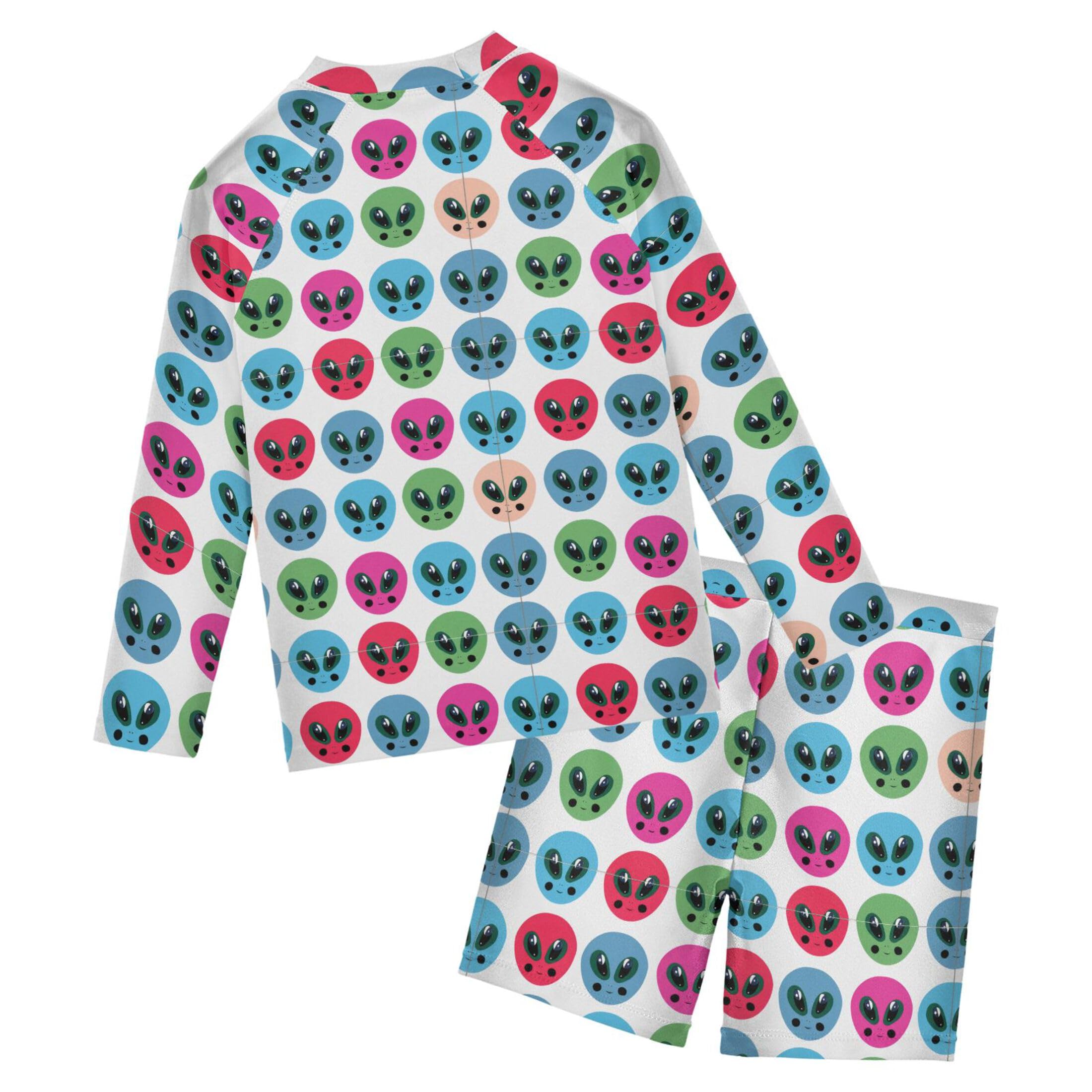 Cute Alien UFO Boys Rash Guard Swimsuits Set for Boys Long Sleeve Swim Shirts Bathing Suits with Trunks B0404024