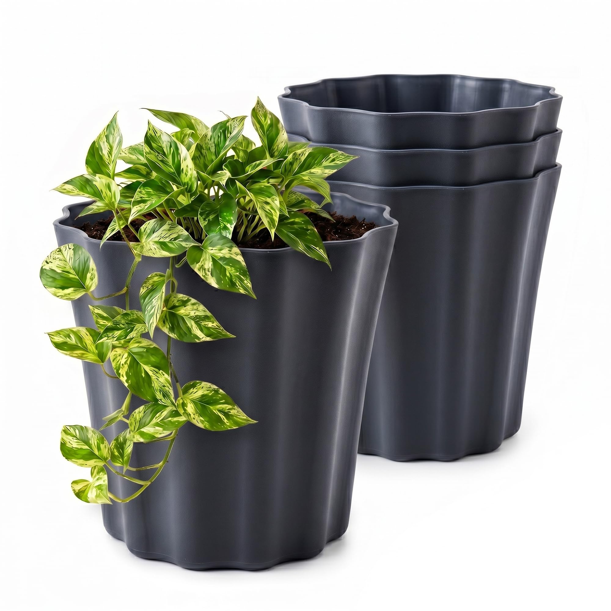 Lizzy 4 Pack Plastic Plant Pots 23cm | Round Flower Pots with Pleat Design Indoor Outdoor Plant Pots Heavy Duty Garden Planters for Plants Flowers Herbs Stylish Dark Grey Pots