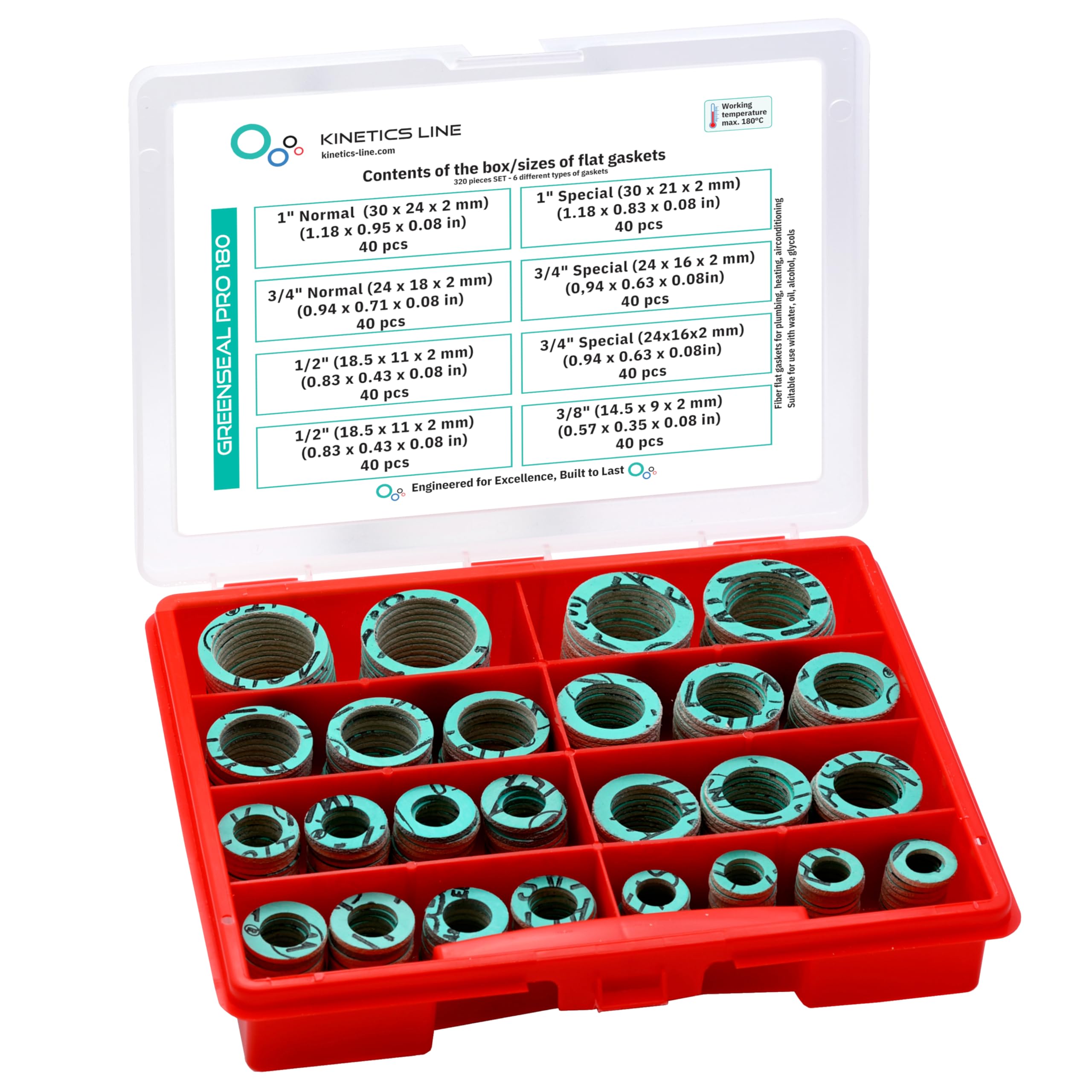 Joint Box with 320 Flat Fiber Joints 3/8–1 Inch – Assortment of Gaskets for Plumbing, Heating and HVAC – Up to 180 °C