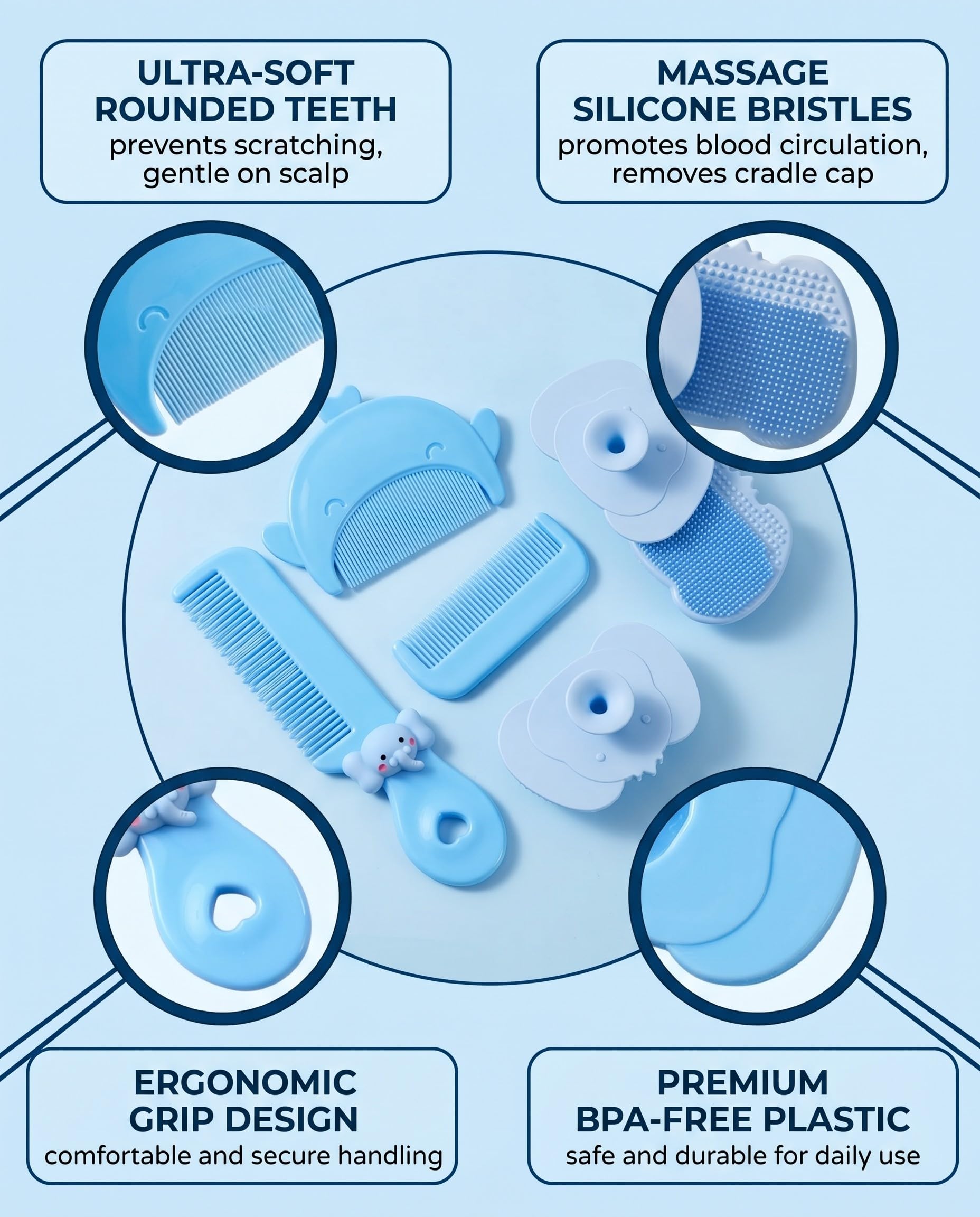 3 pezzi spazzola da bagno e pettine neonato, silicone, contro crosta lattea, per neonati, blu