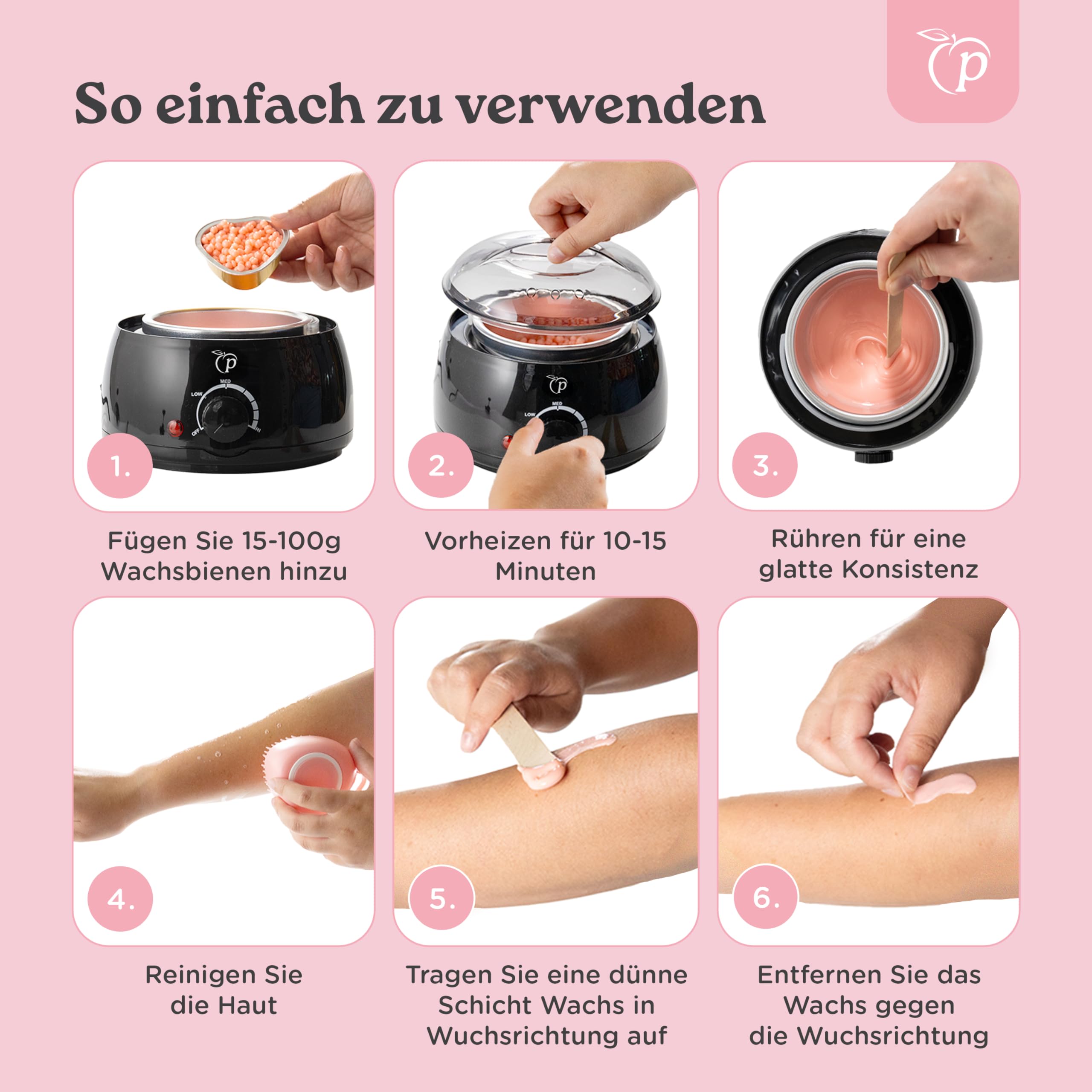 Wachswärmer | Waxing Set mit 100g Wachsperlen für Haarentfernung + 10 Spatel aus Holz + Aluminium-Wachstopf | Warmwachsgerät | Professional Elektrischer Wachserhitzer für Alle Wachstypen