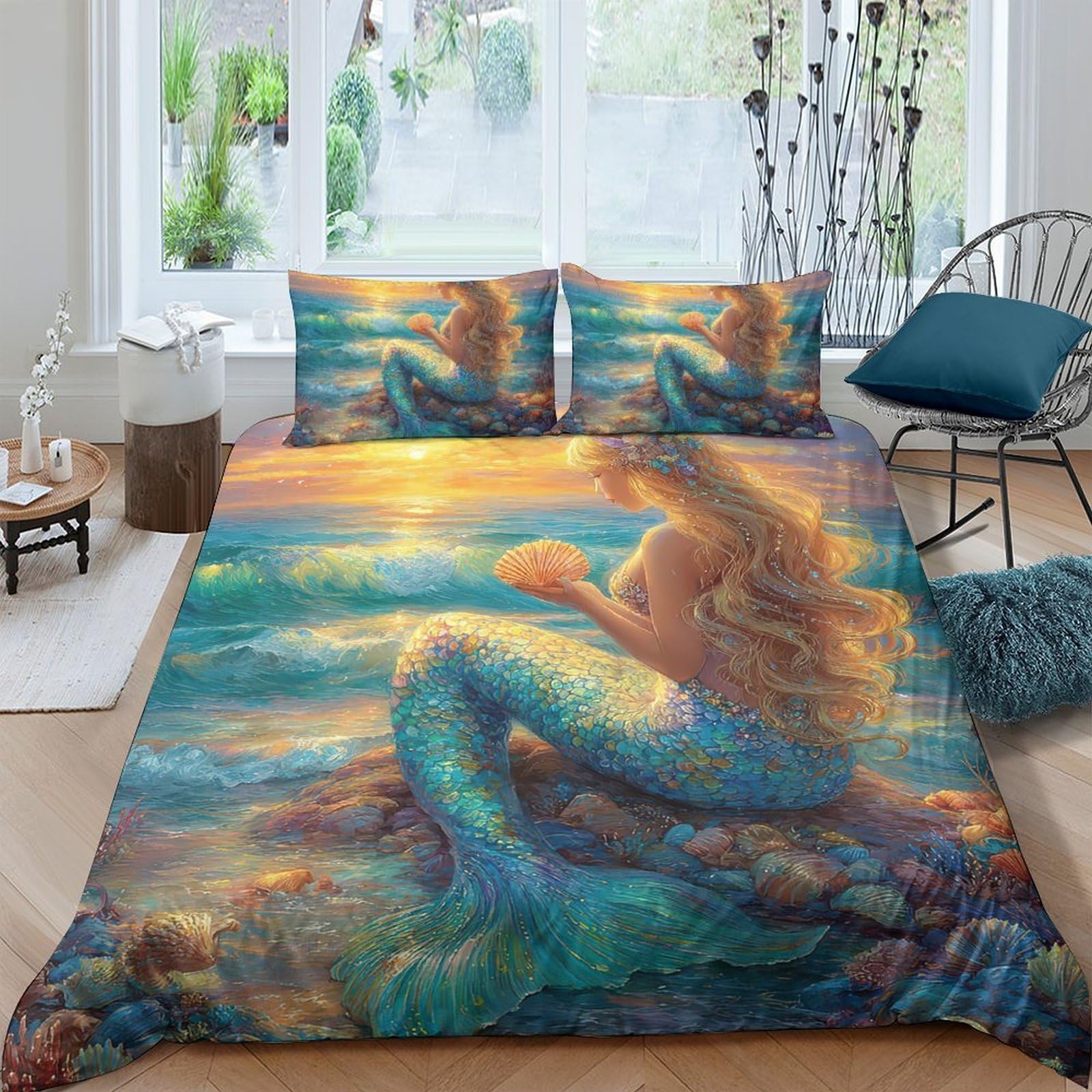 GPLZQXKJNH 3D Printed Mermaid Ocean Duvet Cover Set Microfiber Soft Breathable Sunset Bedding Set with 2 Pillowcases for Bedroom Decor Single（135x200cm）