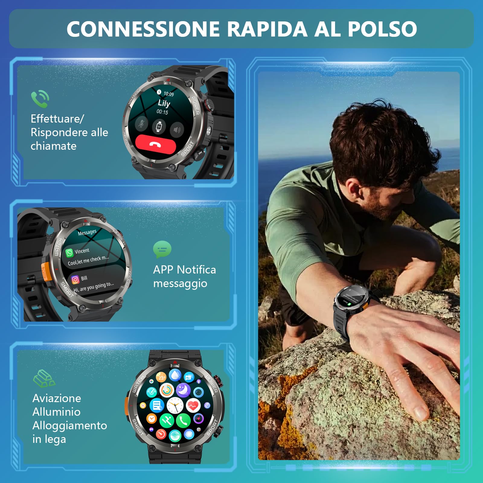 Baolubao Smartwatch Uomo, 1.45" Orologio Smartwatch con Torcia/Bussola Orologio intelligente con Effettua/Risposta, 120+Modalità Sportive, 2 Cinturini, IP68 Impermeabile Smart Watch per Android iOS