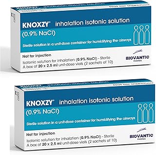 KNOXZY Sterile Isotonic Saline Solution 0.9% - Sodium Chloride NaCl - Inhalation Saline Solution for Humidifying The Airways – 20 X 2.5 ml Unit Dose Vials, Pharmaceutical Grade (Pack of 2)