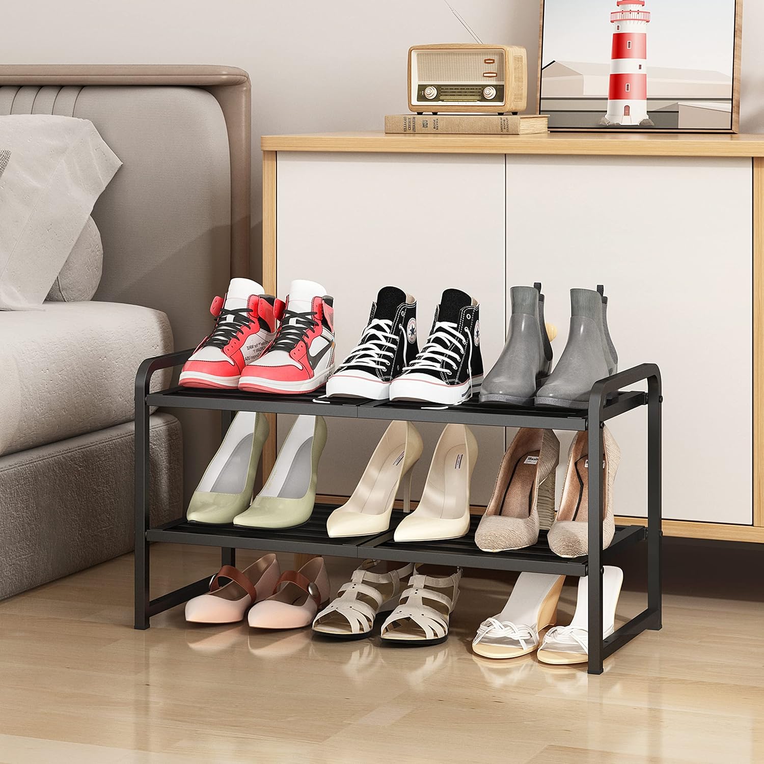 Simple Trending 2-Tier Stackable Shoe Rack, Shoe Shelf Storage Organizer, Black