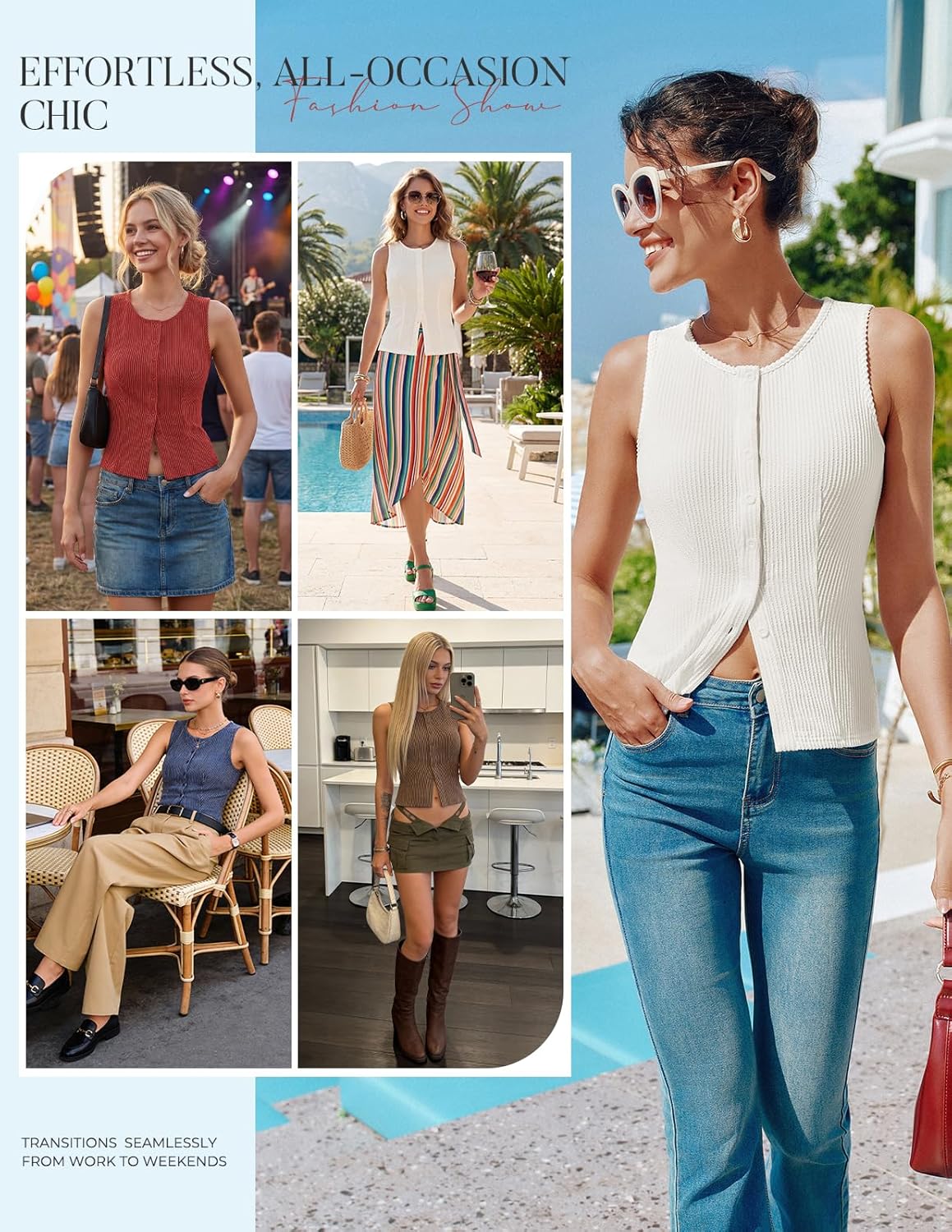 Kate Kasin Women Summer Going Out Tank Tops Y2K, Button Up Sleeveless Top, Ribbed Knit Sweater Vest Trendy - Image 5