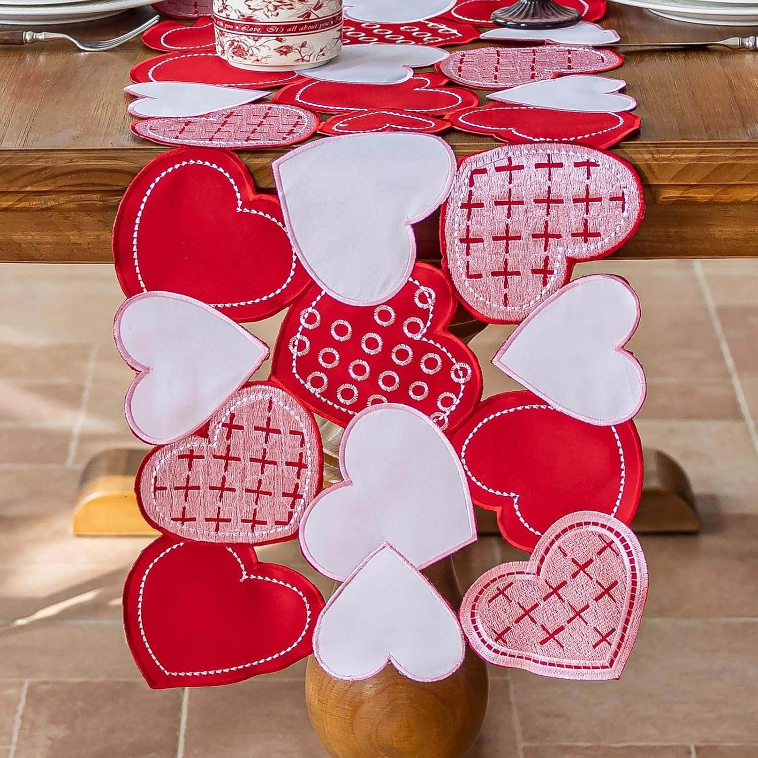 Joyfol Day Valentine’s Day Table Runner 14x86 Inch, Cutwork Embroidered Red Heart Decoration for Wedding Anniversaries, Proposals & Romantic Parties