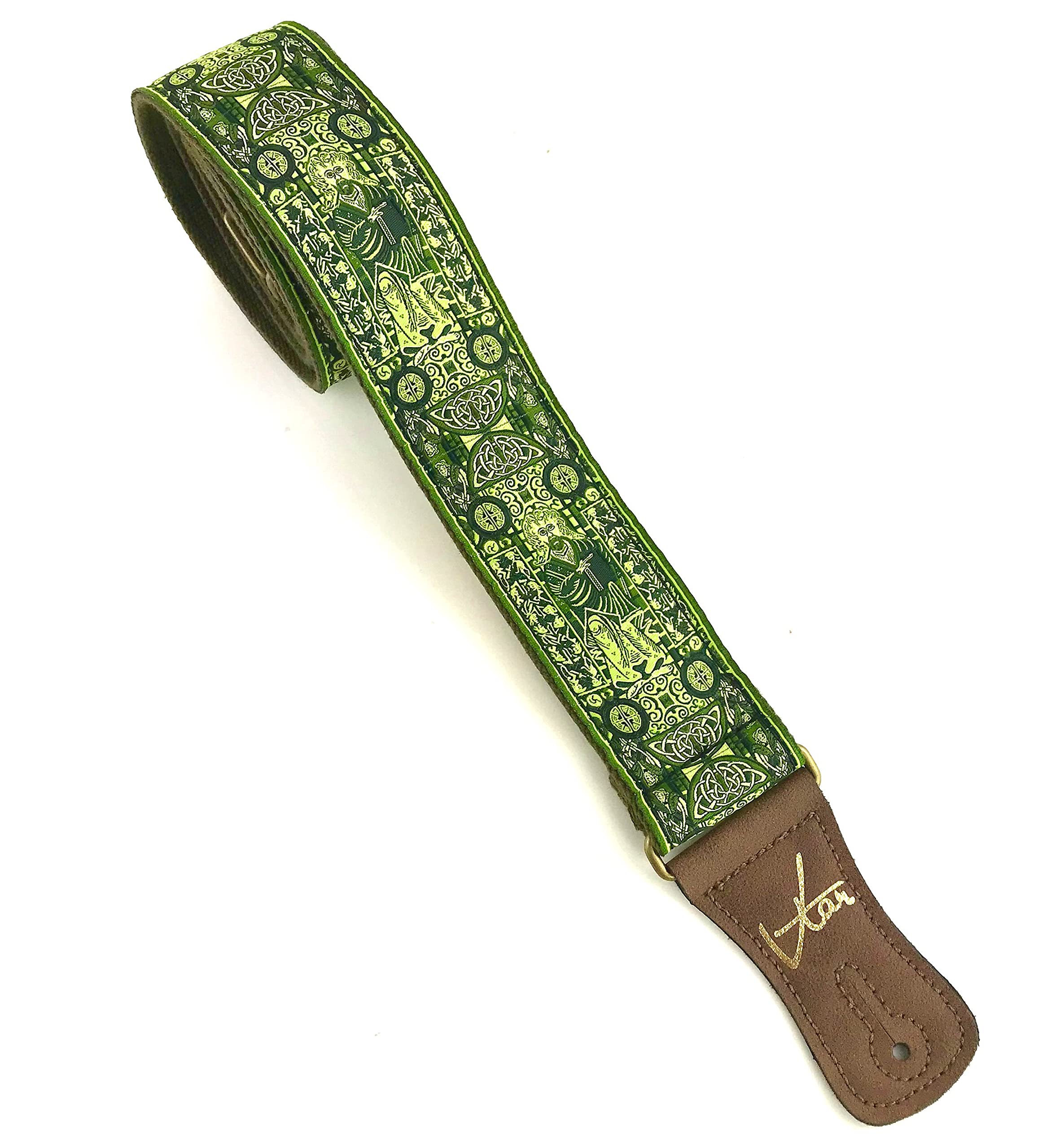 Vtar Handmade Irish Celtic Book Of Kells Hemp Guitar Strap, with Brass Details and Brown Vegan Leather. For Acoustic, Bass and Electric (Green)