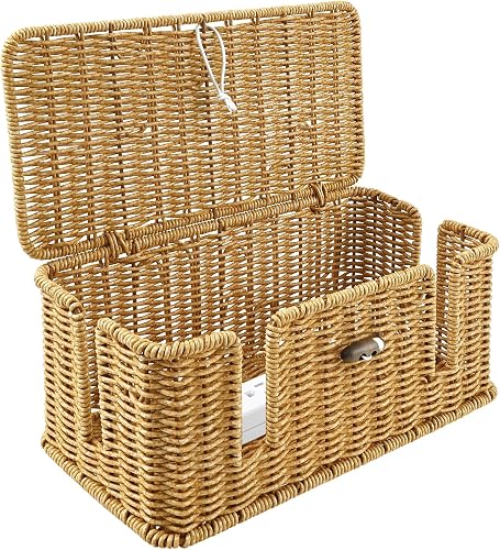 Cable Tidy Box Handmade Imitation Rattan Cable Management Box for Extension Lead 4 Open Slots Cord Hider Organiser Under Desk Socket Storage for Hiding TV Wires & Wifi Routers USB Hub 33x15x13cm