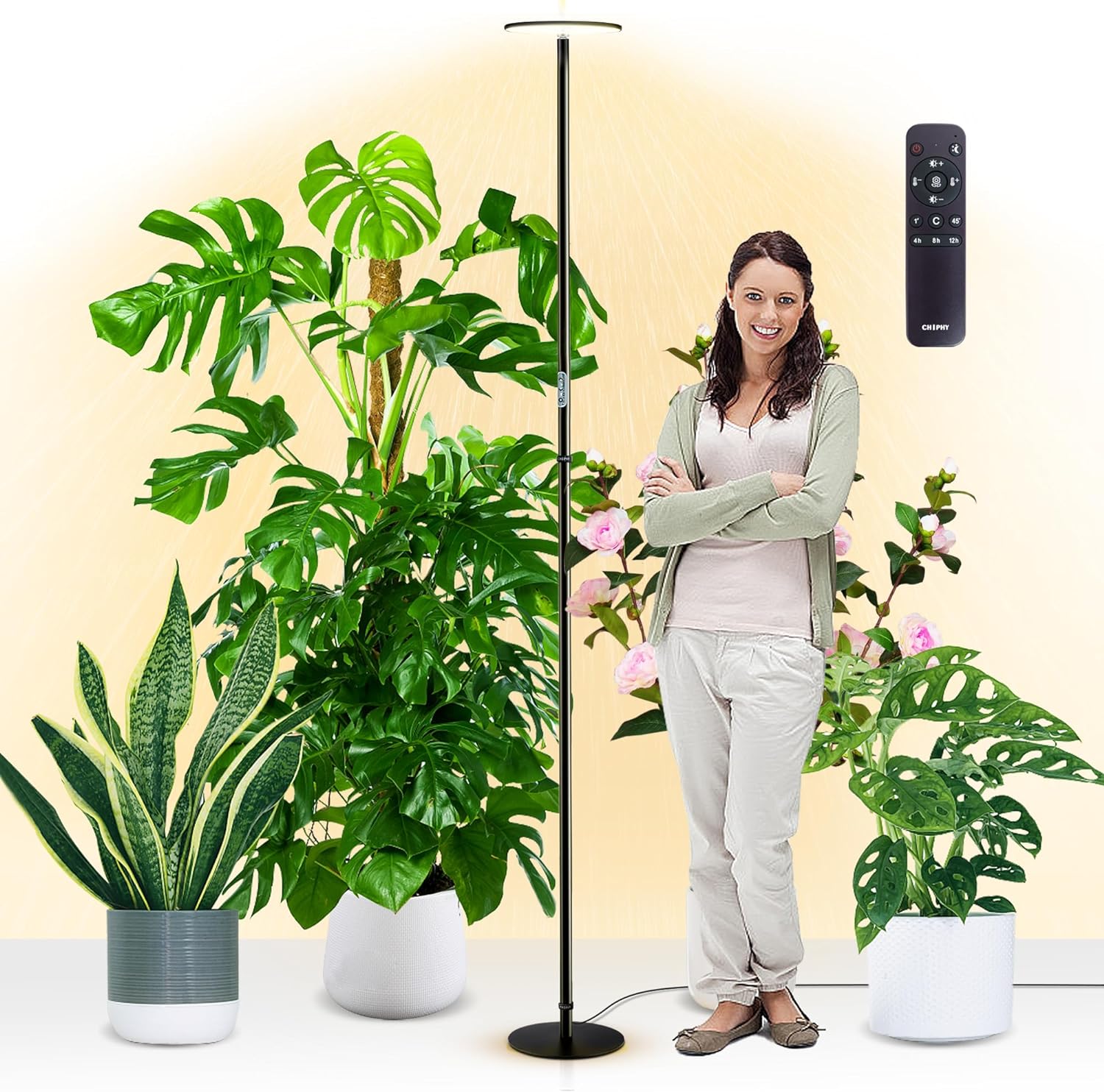 chiphy Grow Lights, 85" Full Spectrum Plant Light for Indoor Plants, 4/8/12H Timer, 60W Grow Lamp, 10 Dimmable Brightness, Height Adjustable, Remote Control, Ideal for Tall Small Plants