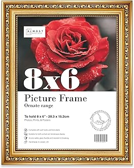 8x6 Gold Ornate Picture Frame 8"x6"(20.3x15.2cm) Poster, Photo, Artwork, or Print. Antique Style Portrait and Landscape Display with Wall Hooks