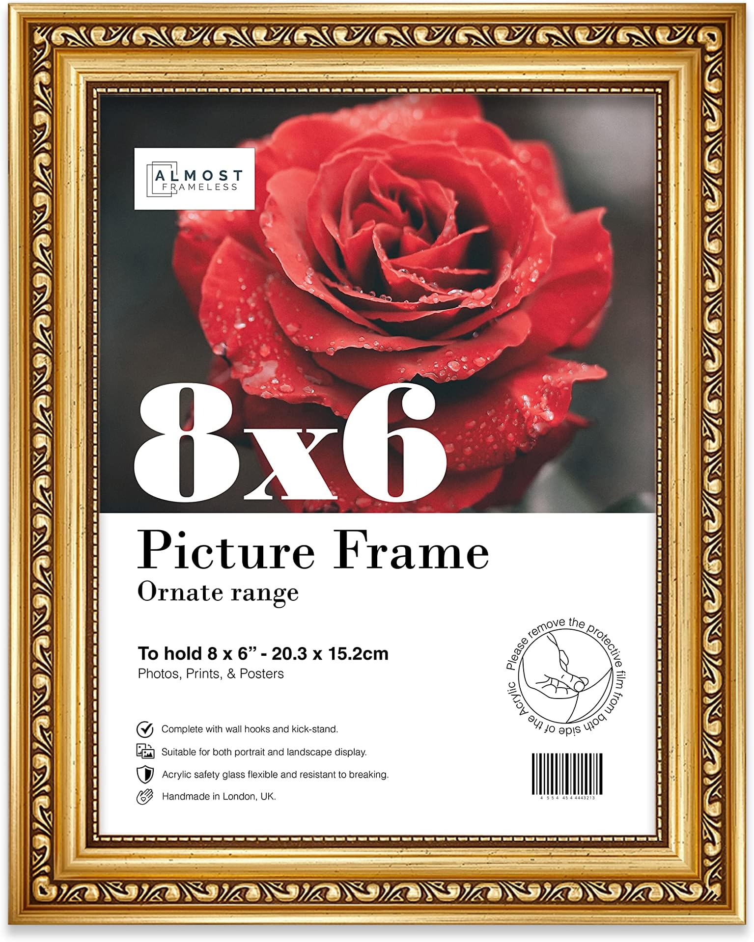 8x6 Gold Ornate Picture Frame 8"x6"(20.3x15.2cm) Poster, Photo, Artwork, or Print. Antique Style Portrait and Landscape Display with Wall Hooks