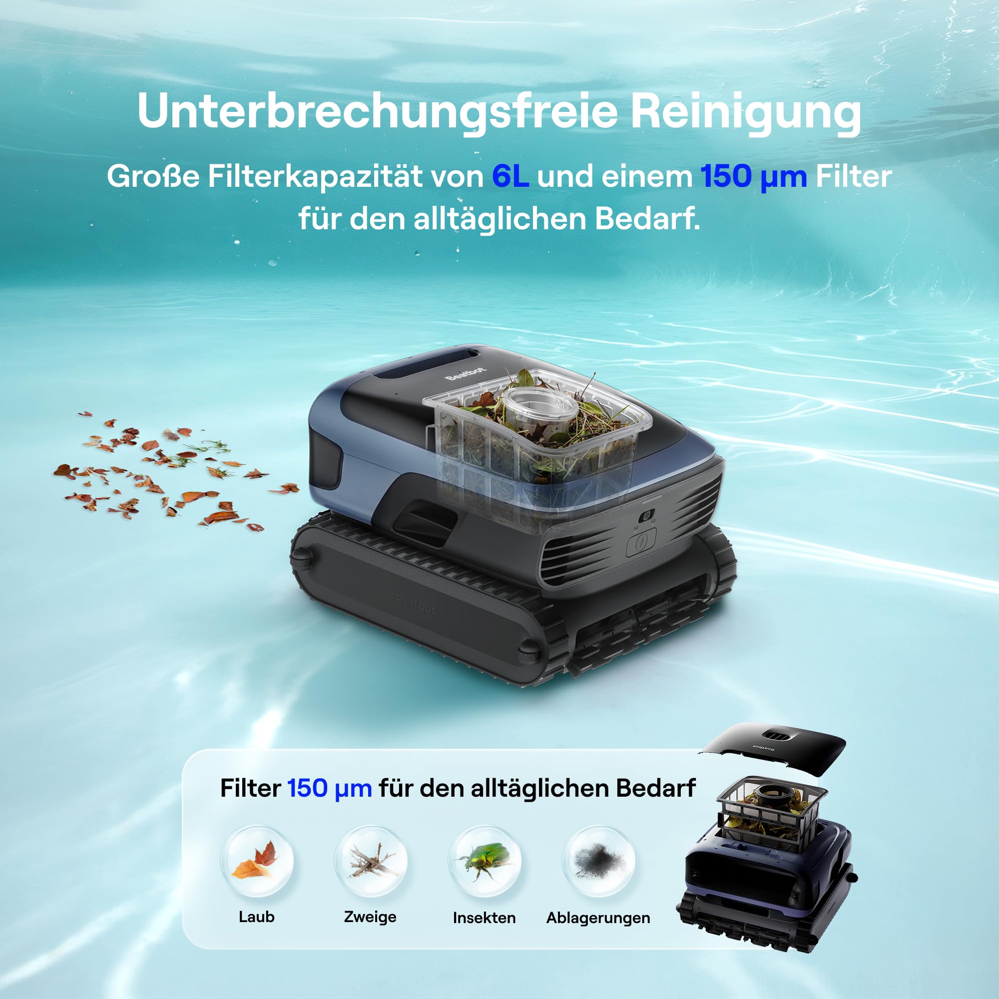 Beatbot Sora 70 Poolroboter, Poolsauger 4-in-1 komplette Poolreinigung, 25700 LPH, smartes Parken an der Oberfläche, 6L Fassungsvermögen, Akku mit 10000 mAh, für Aufstell- und Einbaupools (300m²)