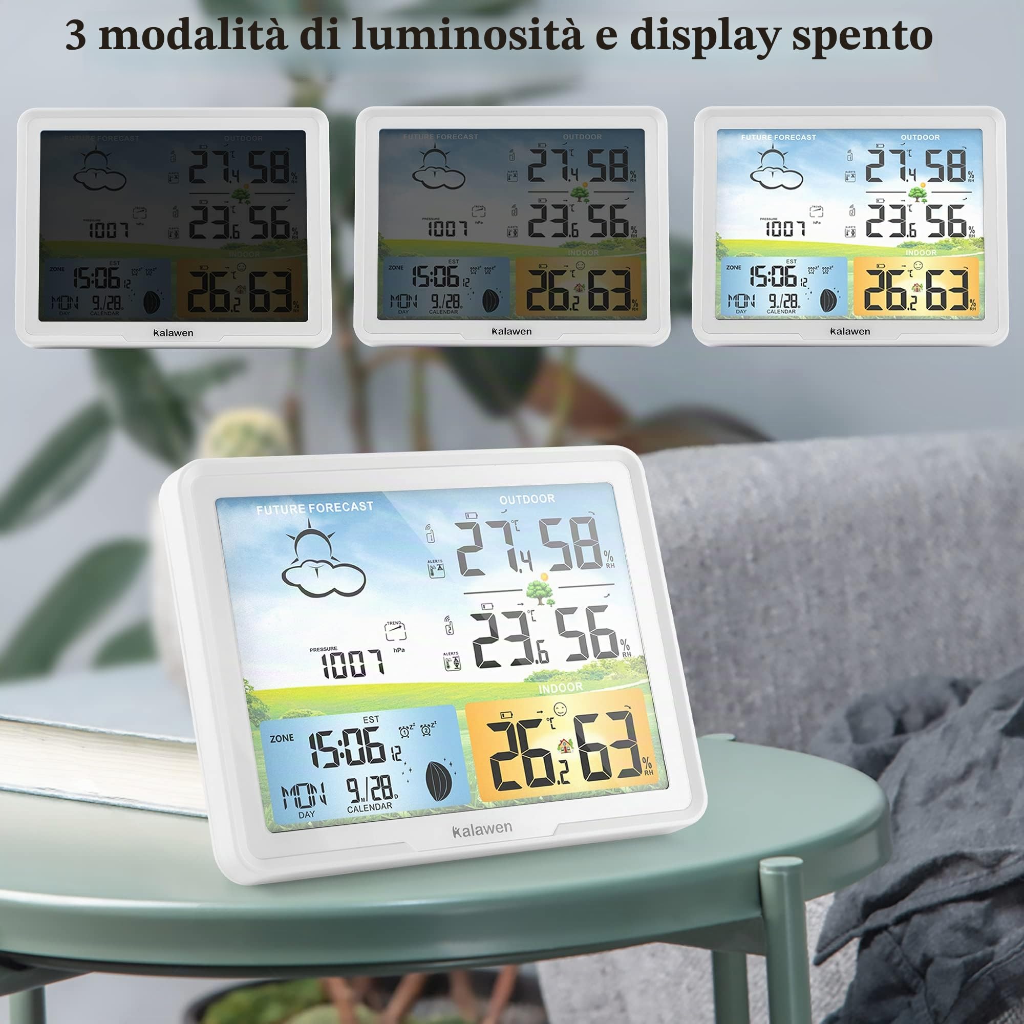 Stazione meteo radio con 2 sensori esterni, display digitale a colori, DCF, orologio radio per interni ed esterni, termometro, stazione meteo radio, con previsioni meteo e fase lunare (bianco)