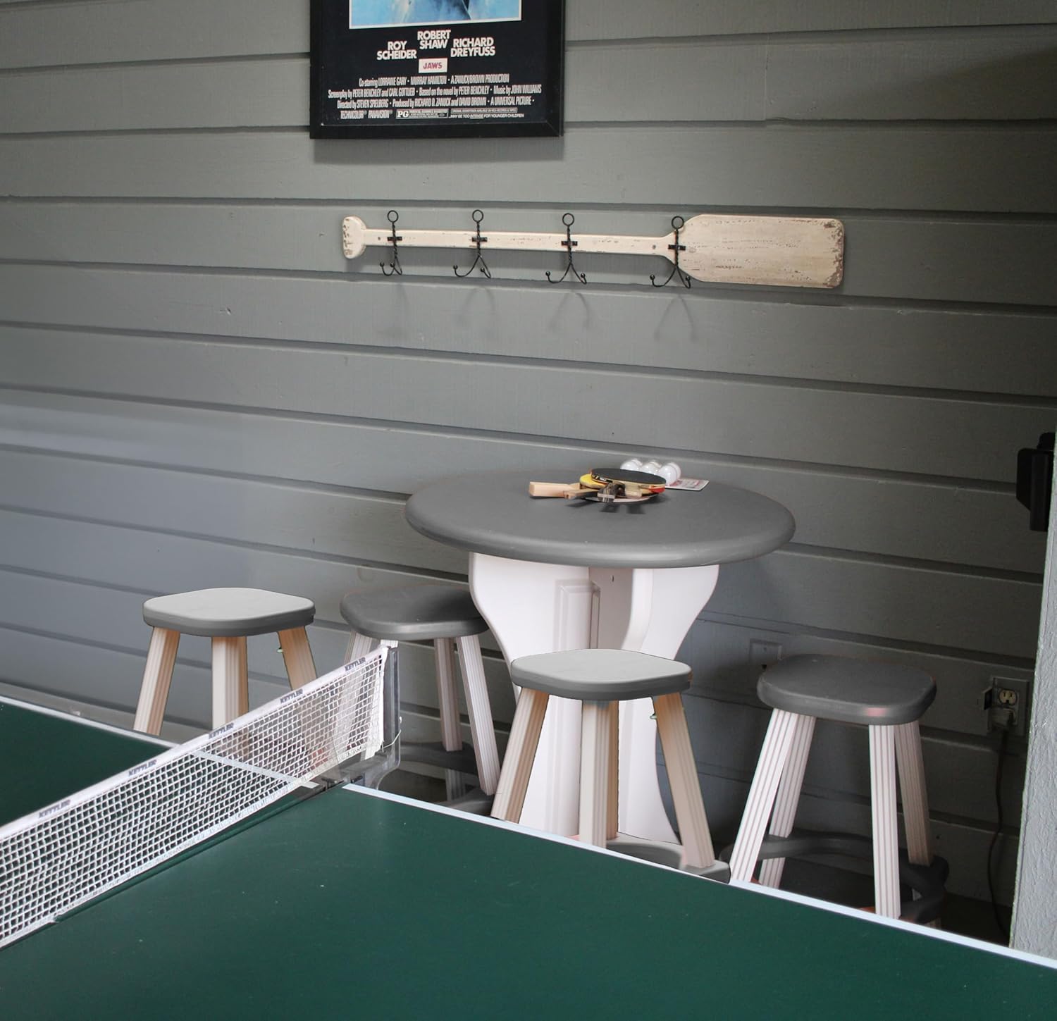 Patio Table Set with Four Barstools - Warm Grey Base with Deep Grey Accents - Perfect for Patio and Outdoor Spaces. Hardware Free Easy Assembly. Proudly Made in USA