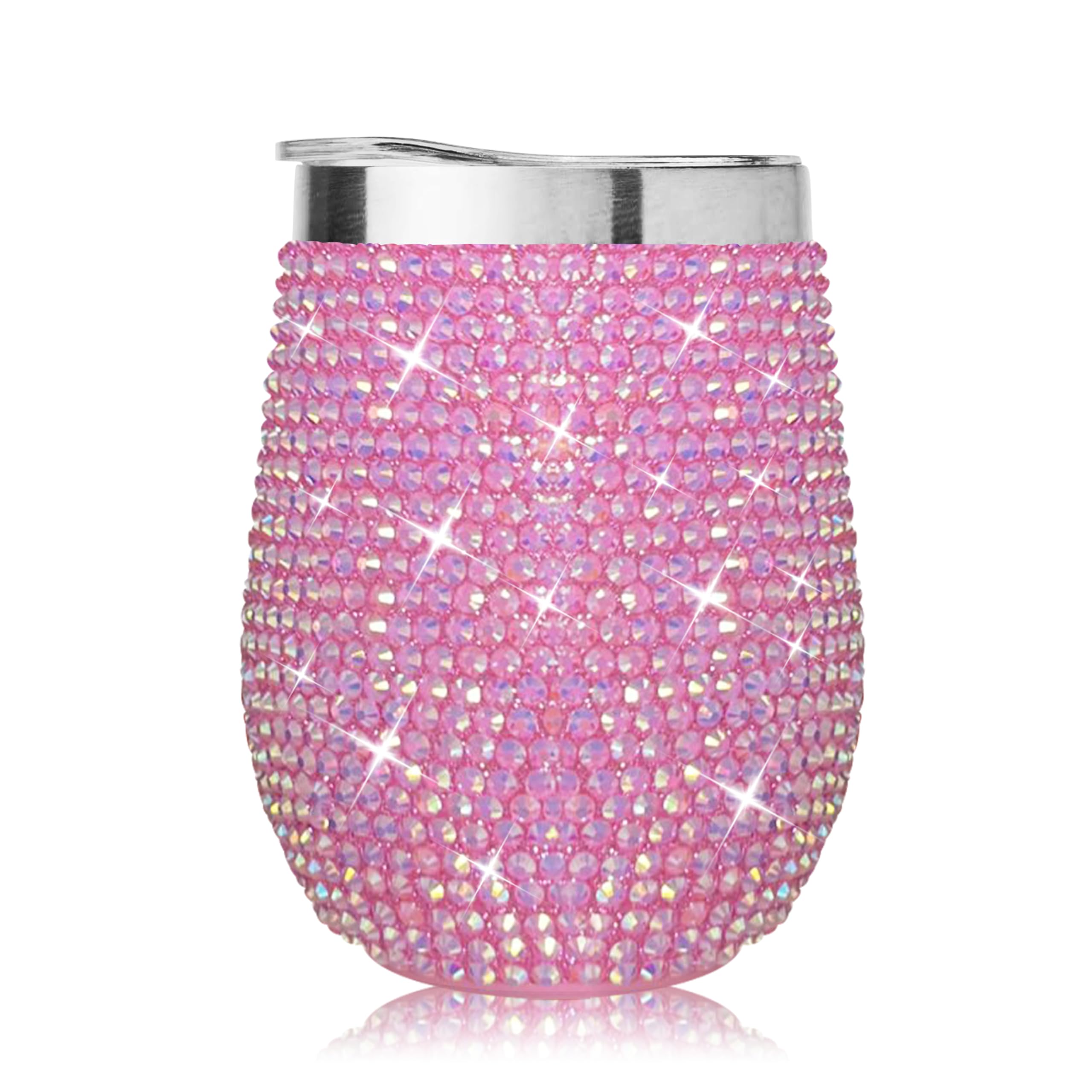 Glitter Bling Diamond Rhinestone Wine Tumbler, Stainless Steel Insulated Cup with Lid, Birthday, Holiday, Bridal Party, Bachelorette, Girls Night, Wine Tasting, Gift (Pink).