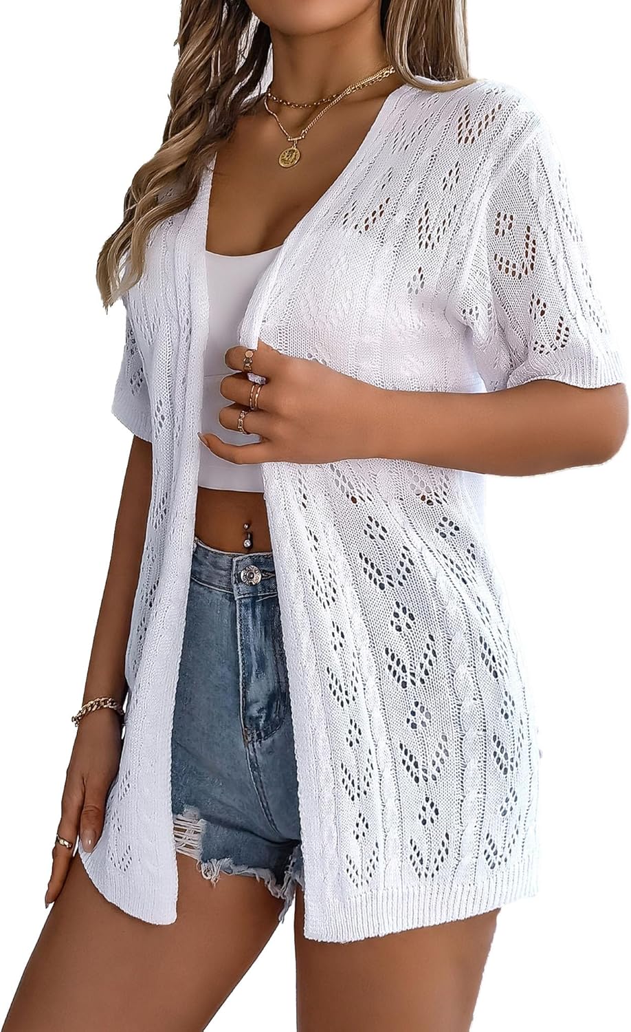 Spicy Sandia Women's Short Sleeve Crochet Cardigan Sweater for Summer Lightweight
