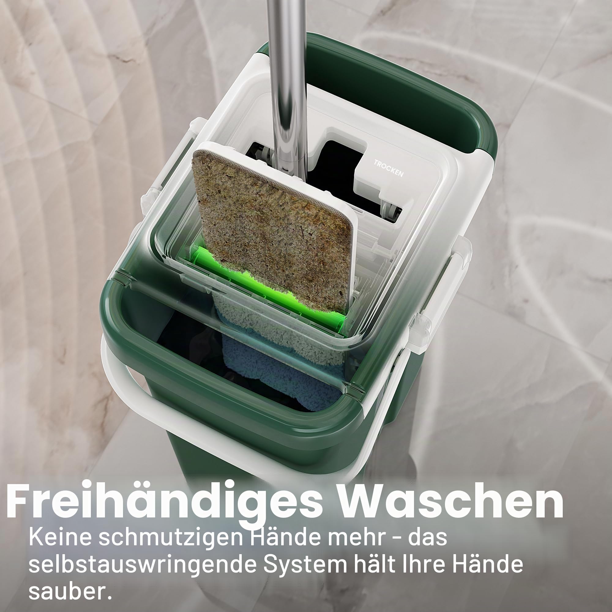 JOYMOOP Strapazierfähige kommerzielle Wischmopps für Bodenreinigung, Nass-Trocken-Wischmopp und Eimer-Set mit großem Fassungsvermögen, waldgrüner Wischeimer, inklusive 5 wiederverwendbaren 43,2 cm