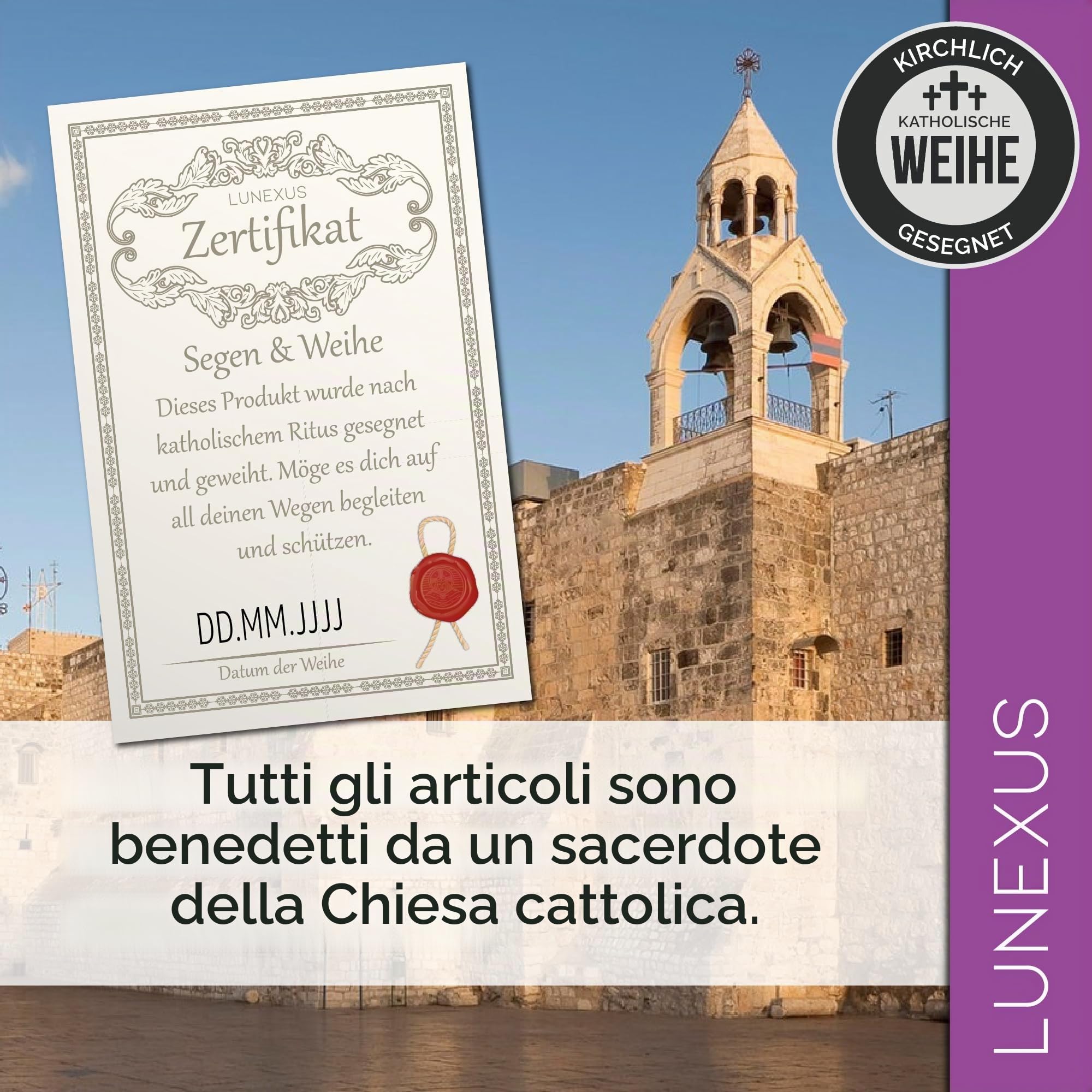 Lunexus Croce in legno d'ulivo, 30 cm, realizzata a mano in Betlemme, benedetta con certificato di consacrazione, croce da parete e decorazione