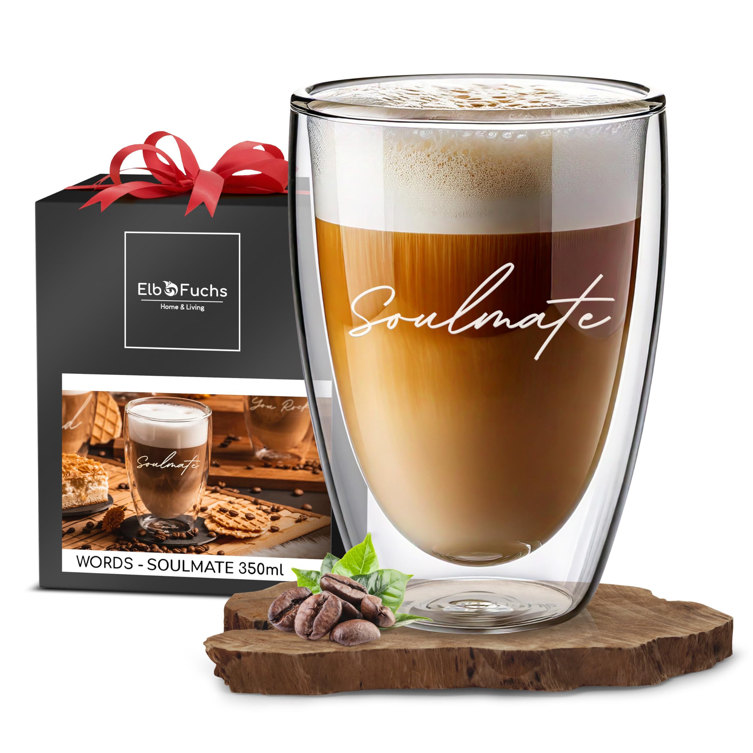 ElbFuchs® Doppelwandiges Latte Macchiato Glas | SOULMATE | 1x 350ml [GESCHENK FÜR DIE LIEBSTEN] Ideal als Geschenk für beste Freundin | Lieblingsmensch Geschenk | Glas mit Gravur