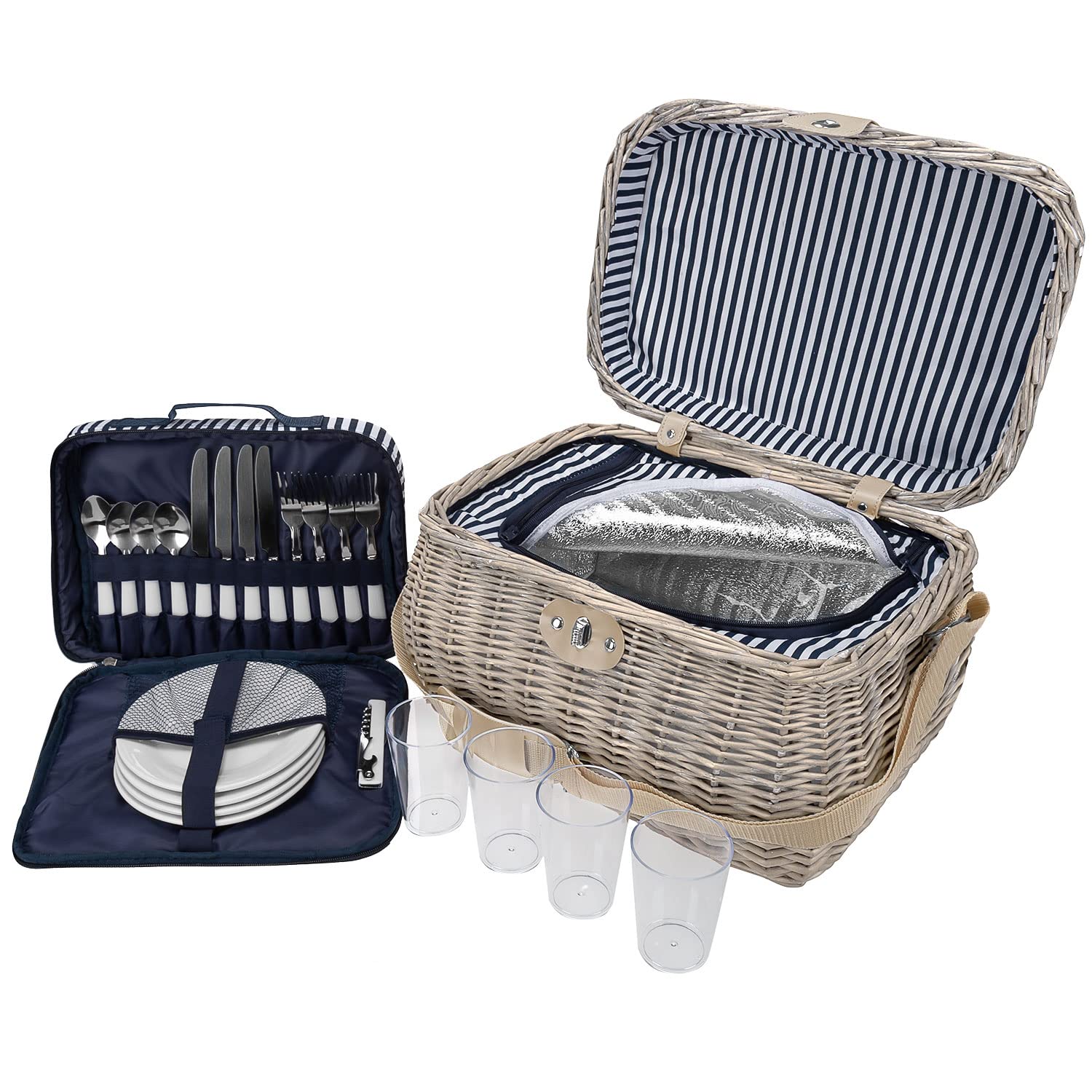 anndora Picknickkorb Shabby helle Natur Weide - mit Isolierfach herausnehmbar blau gestreift - inkl. Zubehör 21 Teile - 4 Personen - Tragegurt