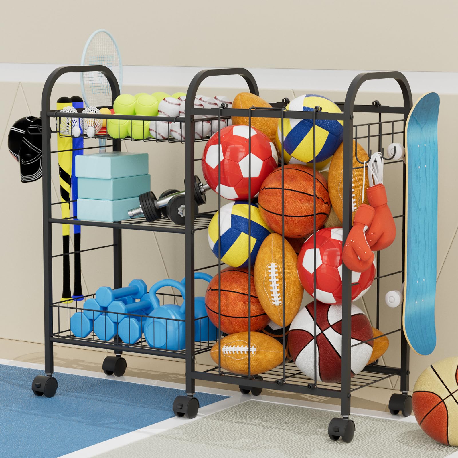 NEYCIL Sports Equipment Storage Rack,Rolling Garage Ball Organizer with 6 Wheels, Detachable Baskets,Hooks and Elastic Straps for Sports Gear and Toy Storage,Indoor Outdoor Use