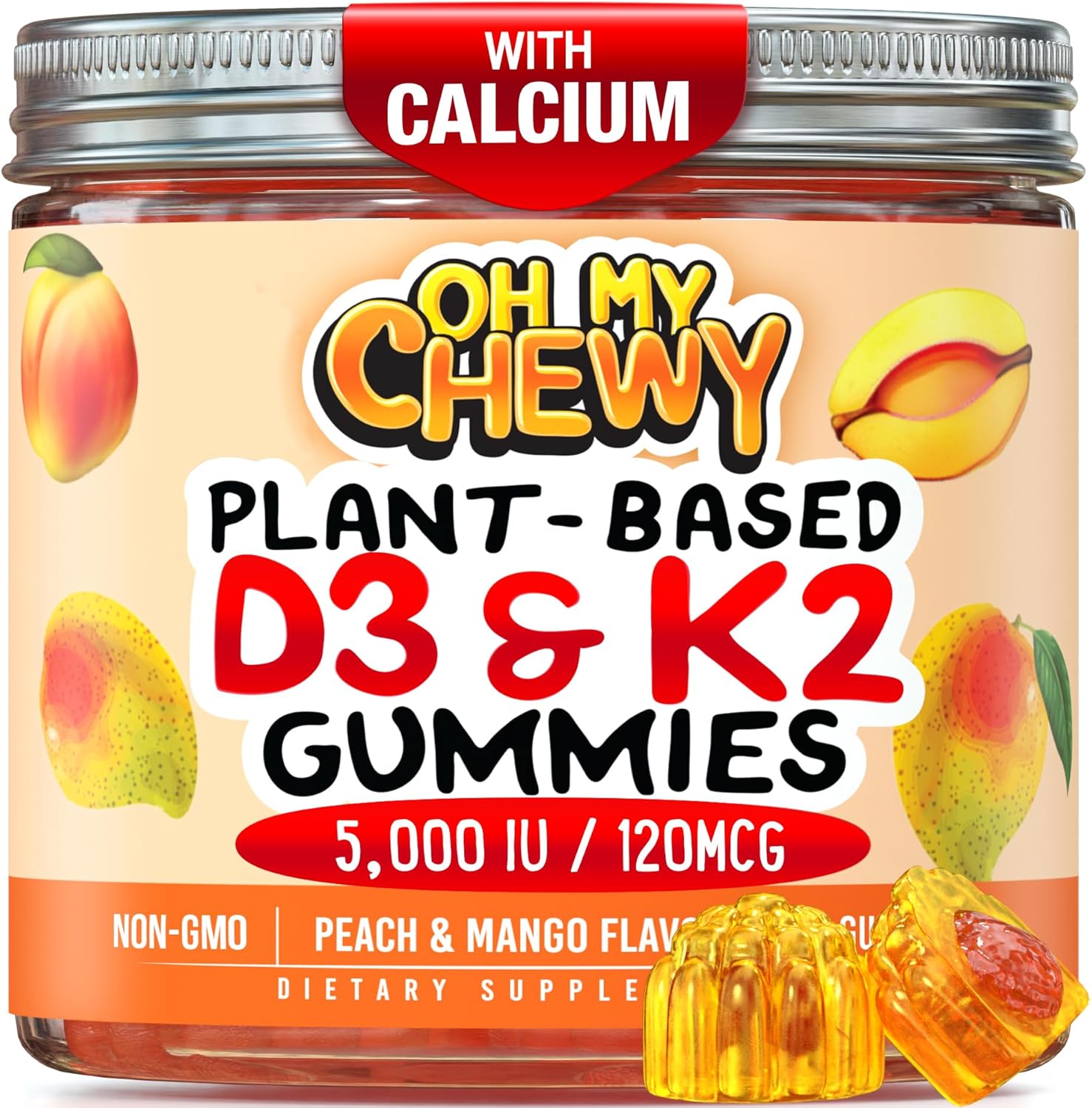 OH MY CHEWY Center-Filled Vitamin D3 K2 & Calcium Gummies - Supplement for Healthy Teeth, Bone & Energy - 5000 IU D3, 120 mcg K2(MK-7), 120 mg CA - Vegan & Non-GMO - 120 Count