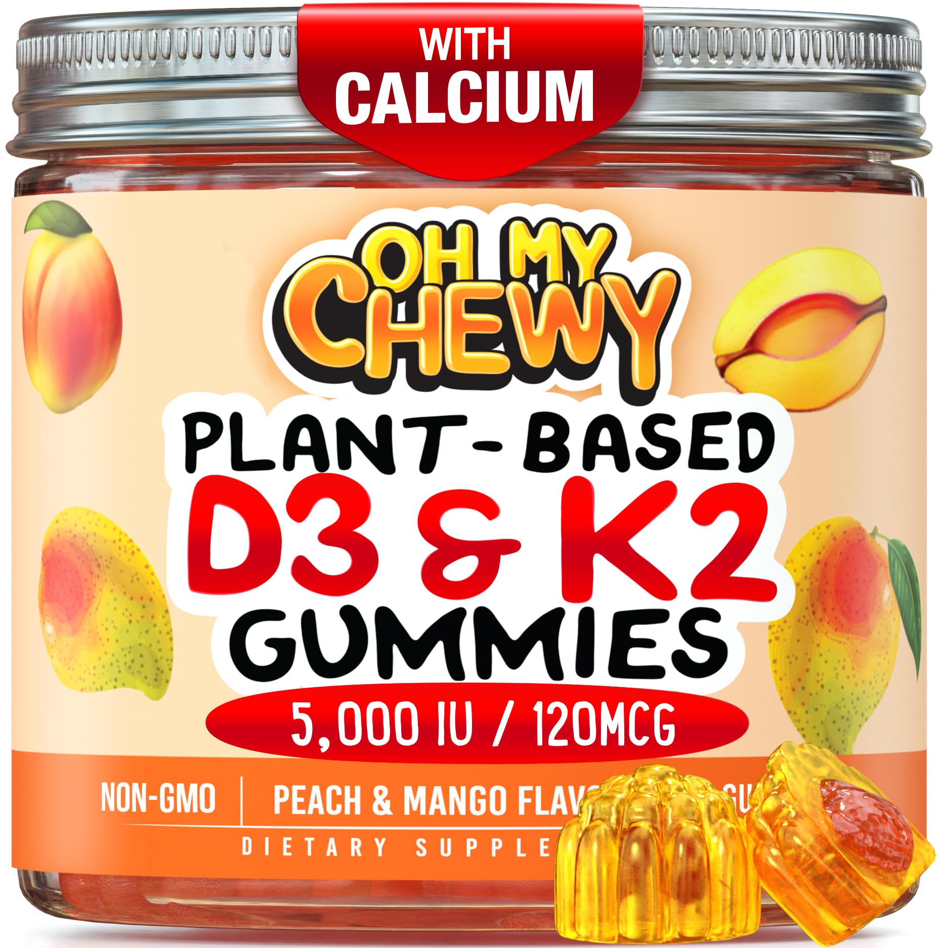 Center-Filled Vitamin D3 K2 Gummies - Kids, Teens & Adults - Supplement for Healthy Teeth, Bone, Energy & Immunity - 5000 IU D3, 120 mcg K2(MK-7), 120 mg Calcium - Vegan & Non-GMO - 60 Count