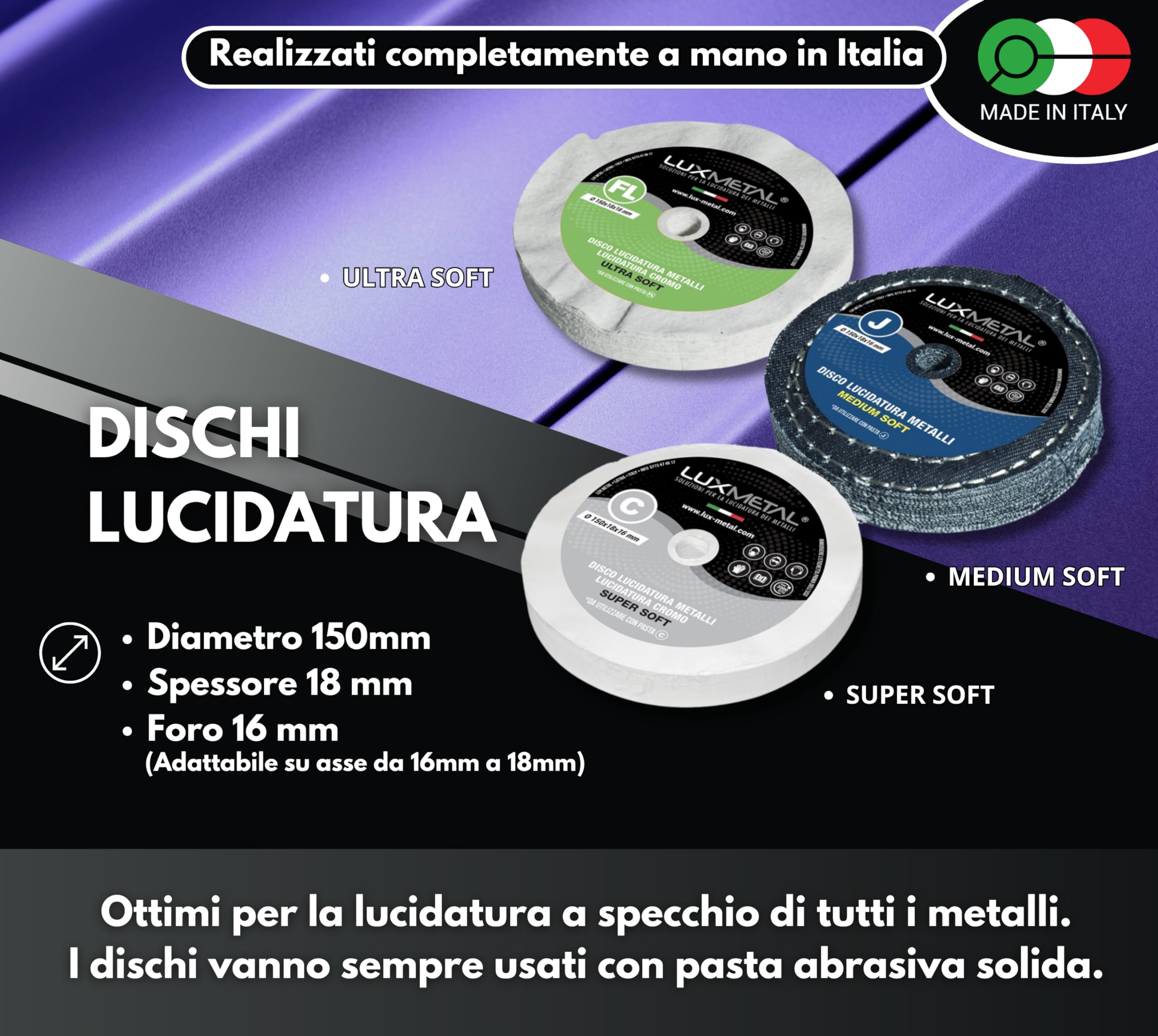 Lux Metal Kit 3 Disco Lucidatura 150 mm FL-C-J Dischi Cotone Set Lucidare A Specchio Acciaio Inox Alluminio Metalli Set Lucidante Per Trapano Mola Smerigliatrice Cromature Rame Legno Marmo Plexiglass
