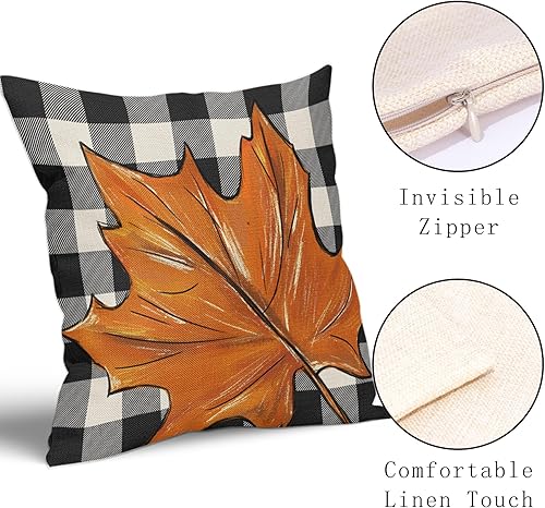 Miniatura 2 de Juego de 2 fundas de almohada de otoño de 18 x 18 pulgadas, diseño a cuadros de calabaza, hojas de arce, fundas de almohada decorativas para Acción