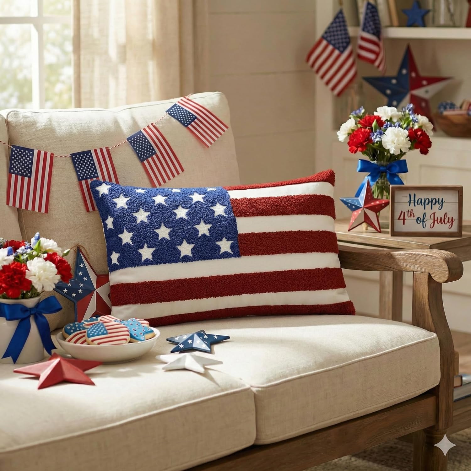 AVOIN colorlife 4th of July Patriotic Striped Star Flag Embroidered Throw Pillow Covers, 12 x 20 Inch Independence Day Decor Tufted Patterned Linen Cushion Case for Sofa Couch Set of 2